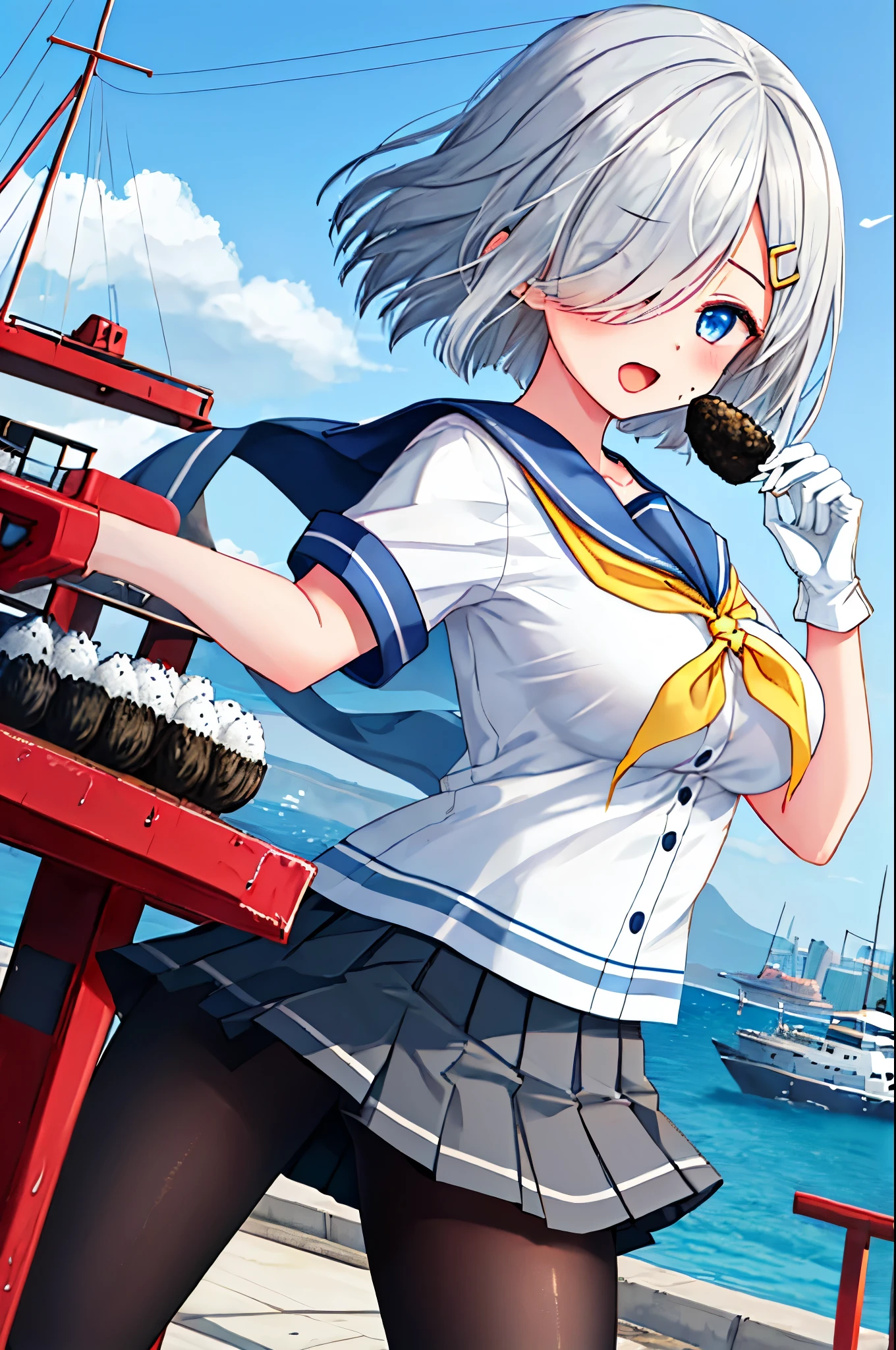 best quality, masterpiece, highres, solo, {hamakaze_kantaicollection:0.90}, 1girl, loli,younger_teen,black_pantyhose, pleated_skirt, serafuku, short_sleeves, simple_background, white_background, yellow_neckerchief, white_gloves, looking_at_viewer, grey_skirt, blush, eyes_visible_through_hair, blue_sailor_collar, dynamic_posing,long_bangs,hair_over_one_eye,harbor_school_background,outdoor,large_breasts,onigiri,riceball,girl_eating_riceball,happy,open_mouth,grab_a_riceball