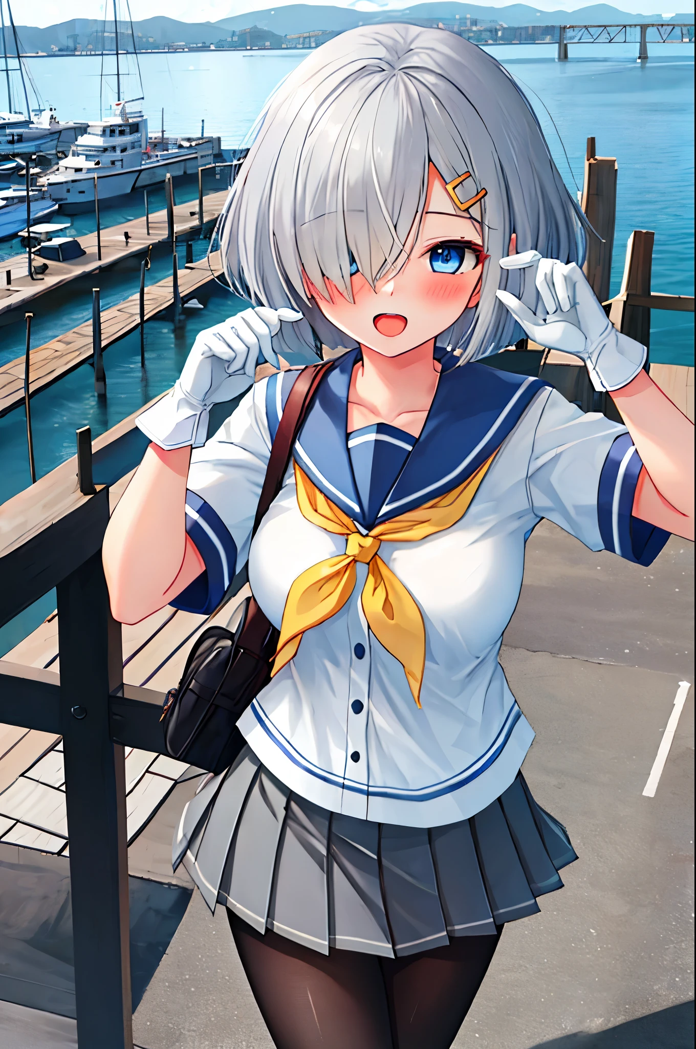 best quality, masterpiece, highres, solo, {hamakaze_kantaicollection:0.90}, 1girl, loli,younger_teen,black_pantyhose, pleated_skirt, serafuku, short_sleeves, simple_background, white_background, yellow_neckerchief, white_gloves, looking_at_viewer, grey_skirt, blush, eyes_visible_through_hair, blue_sailor_collar, dynamic_posing,long_bangs,hair_over_one_eye,harbor_school_background,outdoor,large_breasts,onigiri,riceball,girl_eating_riceball,happy,open_mouth,grab_a_riceball