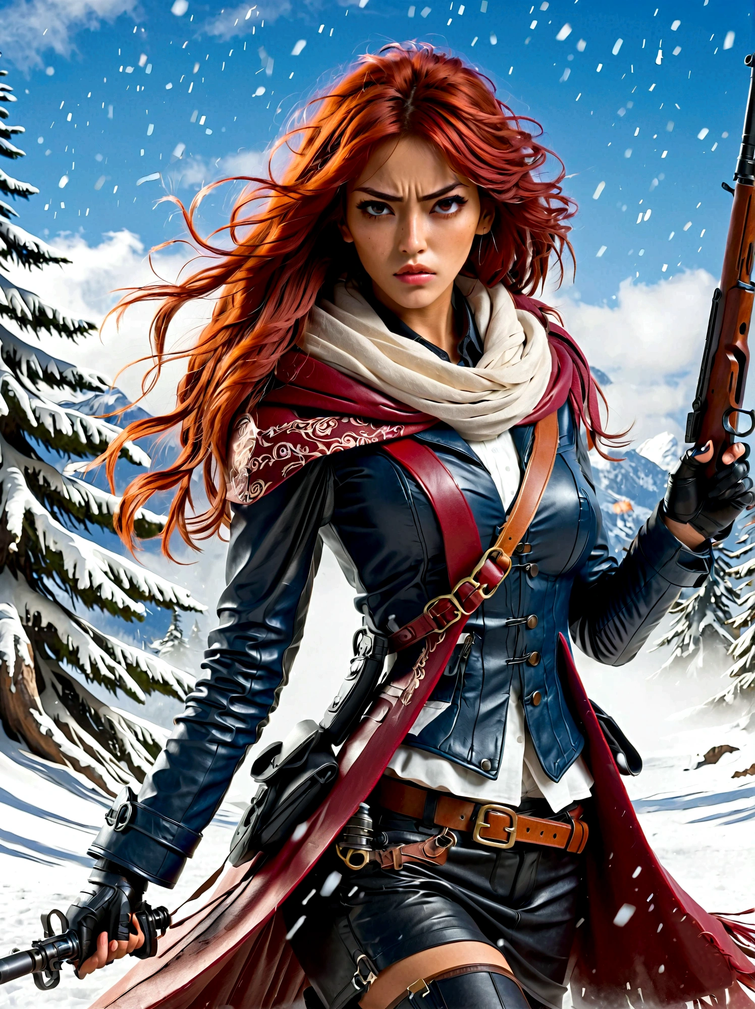 Girl holding a rifle, (Disgusted look:1.5), Snow Fighting Pose, East, Blade and Soul, Ink style, Long red hair, Leather and fur coats, cold, artwork, 3d, 4k, detailed, Practical