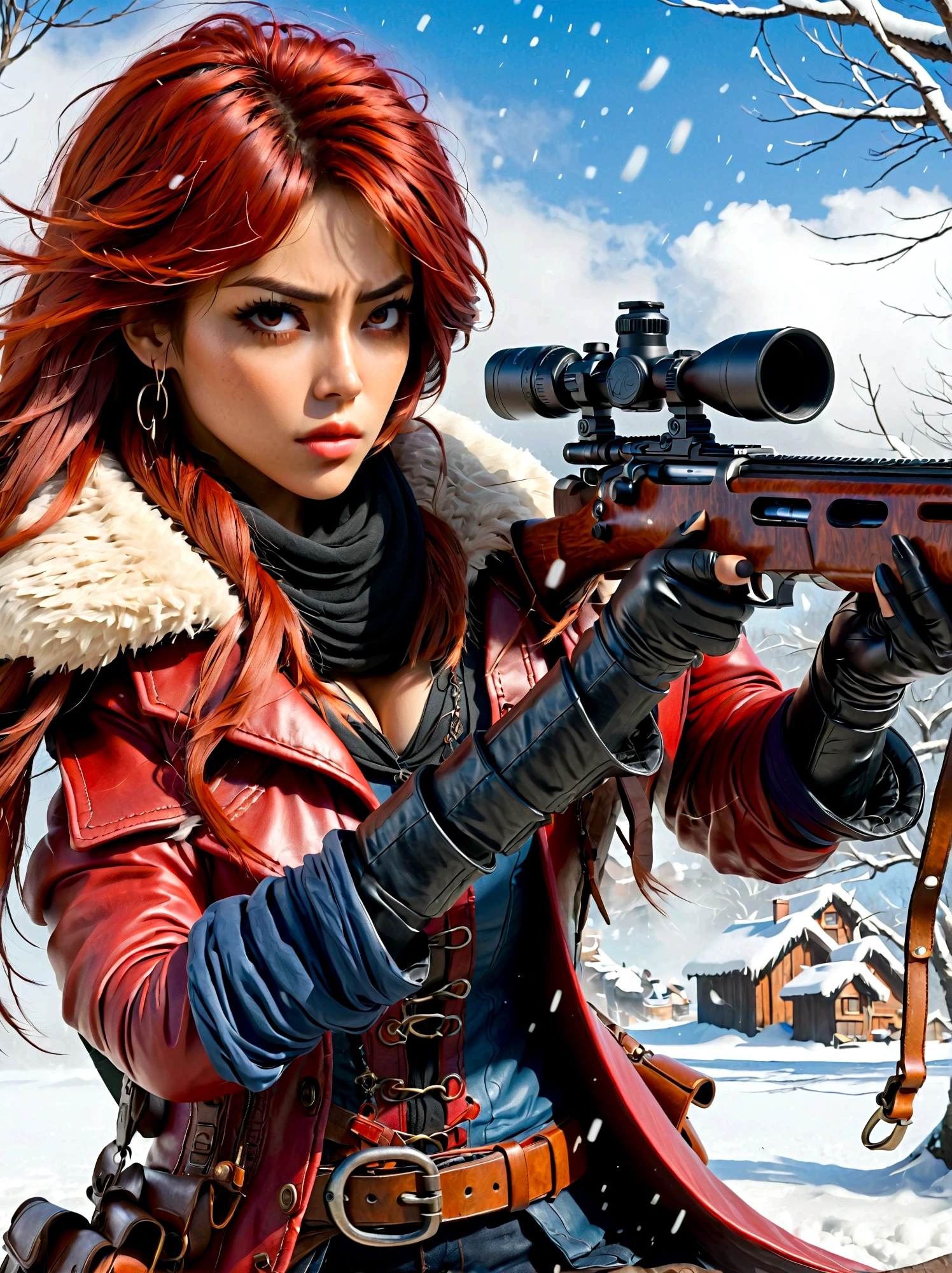 Girl holding a rifle, (Disgusted look:1.5), Snow Fighting Pose, East, Blade and Soul, Ink style, Long red hair, Leather and fur coats, cold, artwork, 3d, 4k, detailed, Practical