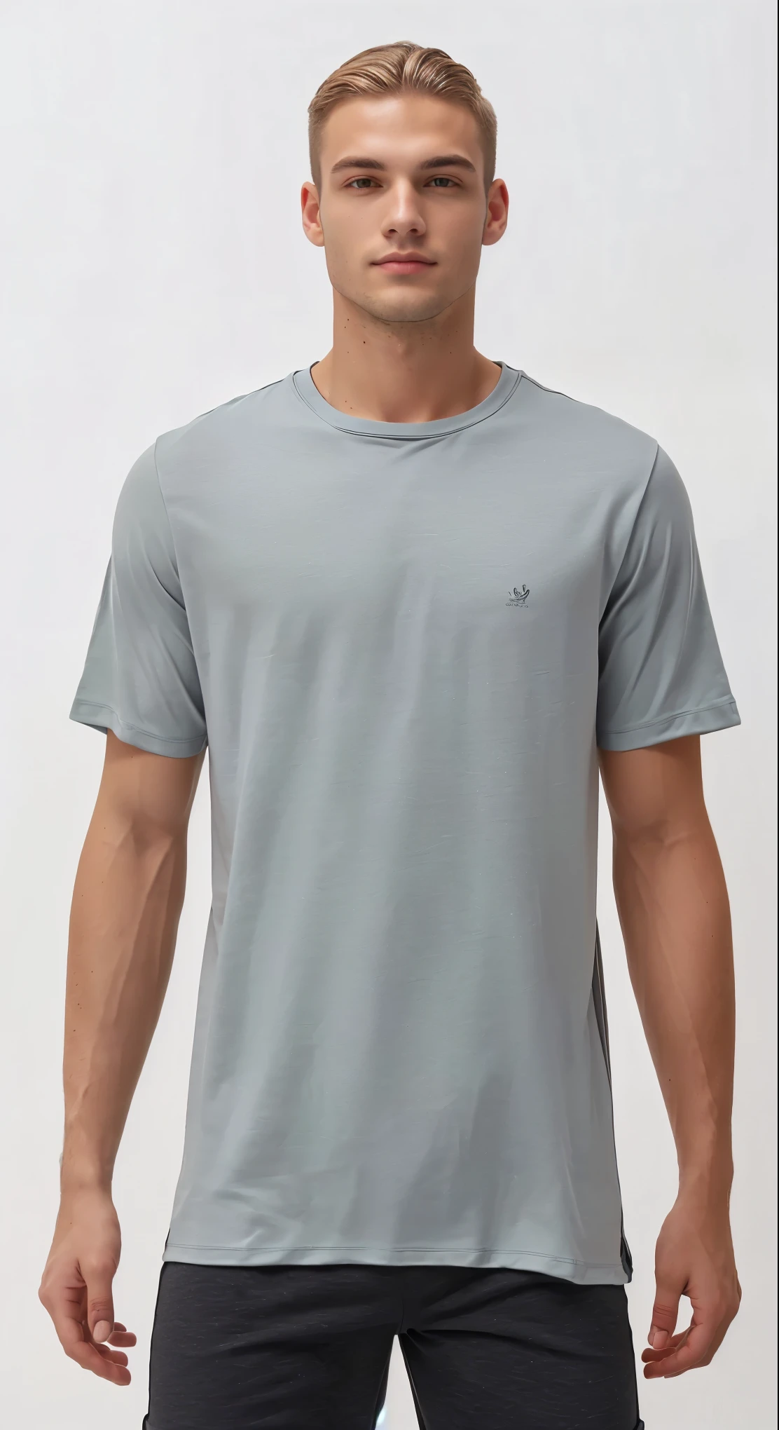 a white man in a gray shirt and black shorts standing, camisa cinza, solid gray, em fundo cinza, Manga curta, vestindo uma camiseta, solid gray, cinza claro, cinza claro mist, modern Roupa casual, imagem frontal, Roupa casual, sage green, Minimal clothing, em cinza metalizado, vestindo uma camisa leve, cinza liso, cinza liso color