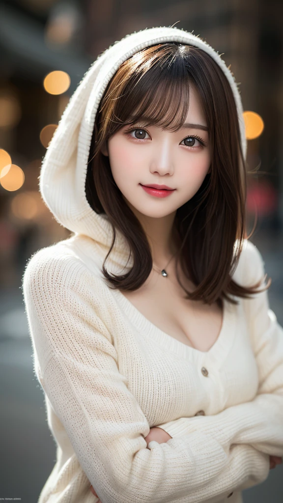 Tabletop, highest quality, shape, Very detailed, finely, High resolution, 8k wallpaper, 完璧なダイナミックな構shape, Beautiful and detailed, Elegant winter clothes,Medium Hair,Small Breasts Natural Color Lip, Bold sexy pose,smile、20-year-old girl、cute、Looking at the camera is sexy,night,Beautiful and elaborate face,Elegant face,Perfect and beautiful face,Slim face and body,Spread your arms wide、Background Blur