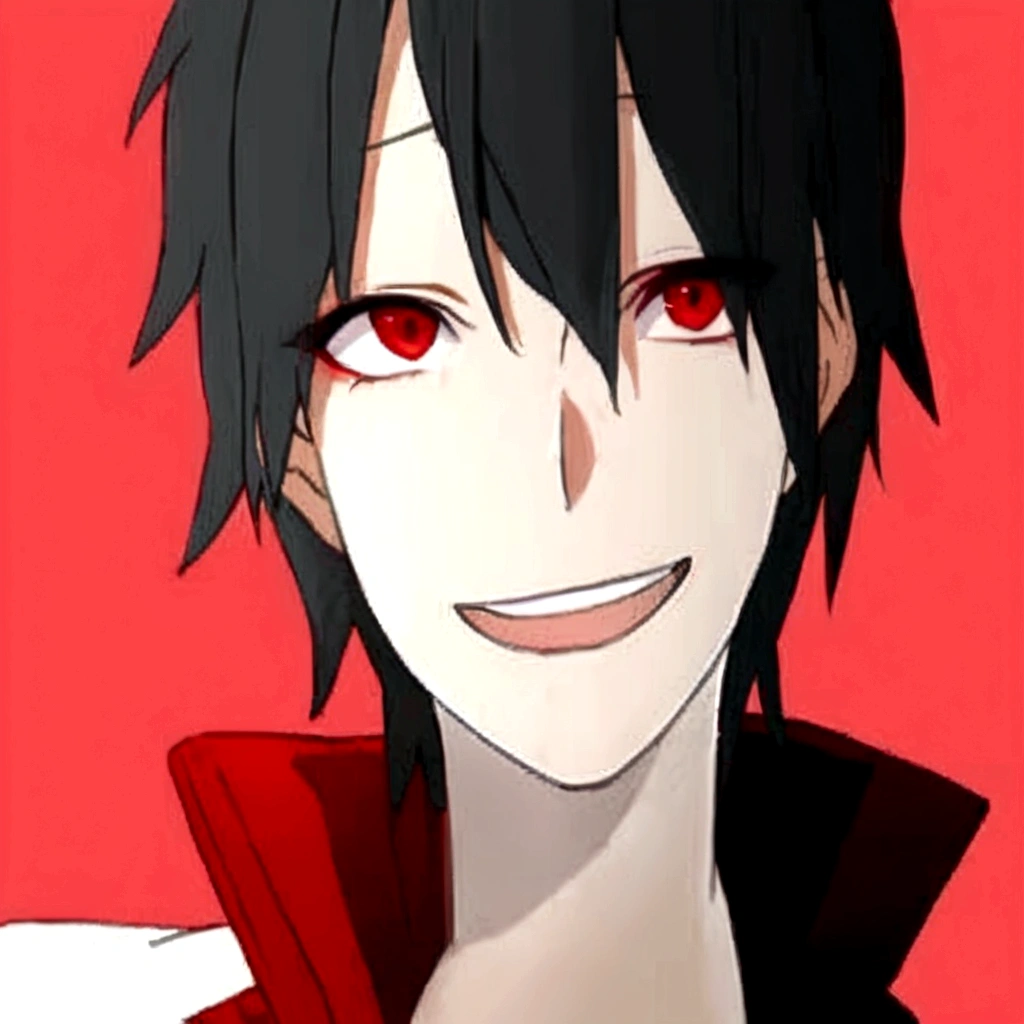 whole body　Laughing anime boy with red eyes and black hair, His eyes are glowing red, [[[[smile wickedly]]]], His eyes were glowing red, gapmoe yandere, Eyes completely red、lack of pupils, Okikata Kazuto, Male Anime Characters, Red eyes glow, Laughing lasciviously, With eyes that glow red