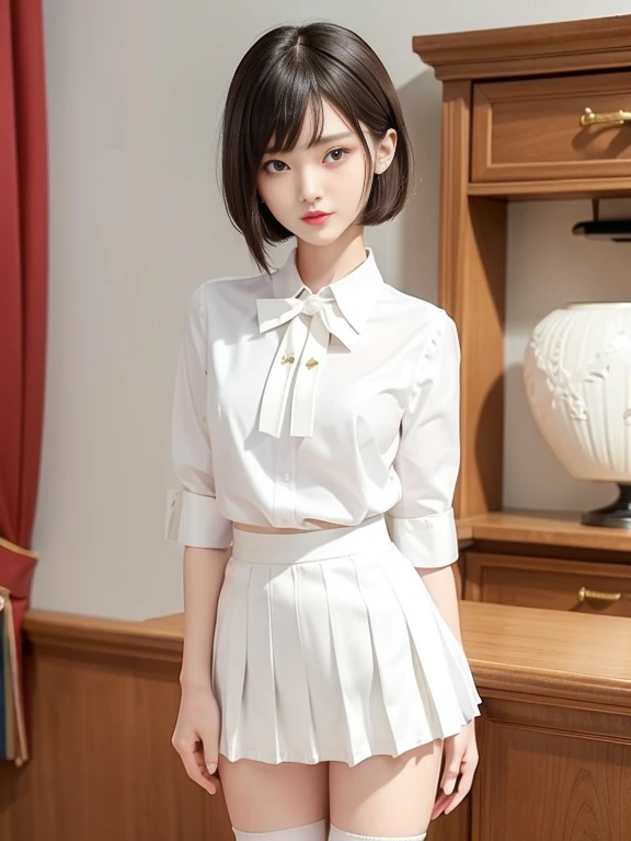 ffinely detail, hight resolution, hightquality、Perfect dynamic composition, Beautiful detailed eyes, bob cut, glossy crimson lip,Kamimei、in room、13 years girl、1 persons、Transparent skin、masutepiece, Best Quality, Illustration, Ultra-detailed, finely detail, hight resolution, 16K、The correct state of the human body、(slender body:1.5)、(small breasts:1.7)、(white business collared blouse:1.5),(white bowtie blouse:1.5),(white pleated miniskirt:1.5),very red blush,shot above the knee,looking up,standing,narrow eyes,open mouth,sad expression,,(skirt lift:1.5),(panties are visible:1.5),skirt lift front