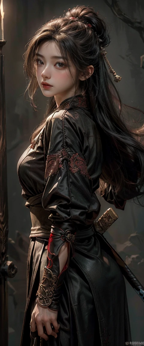 ((Obra de arte, maximum quality, high resolution, Fotorrealista, CRU, Papel de parede 8K)), Uma espadachim feminina com roupas chinesas, Hero of the Three Kingdoms, (A large sword is held with both hands), She has long black hair tied back, usa armadura de ferro e uma capa vermelha, Cercado por soldados inimigos com uma cidade em chamas ao fundo,