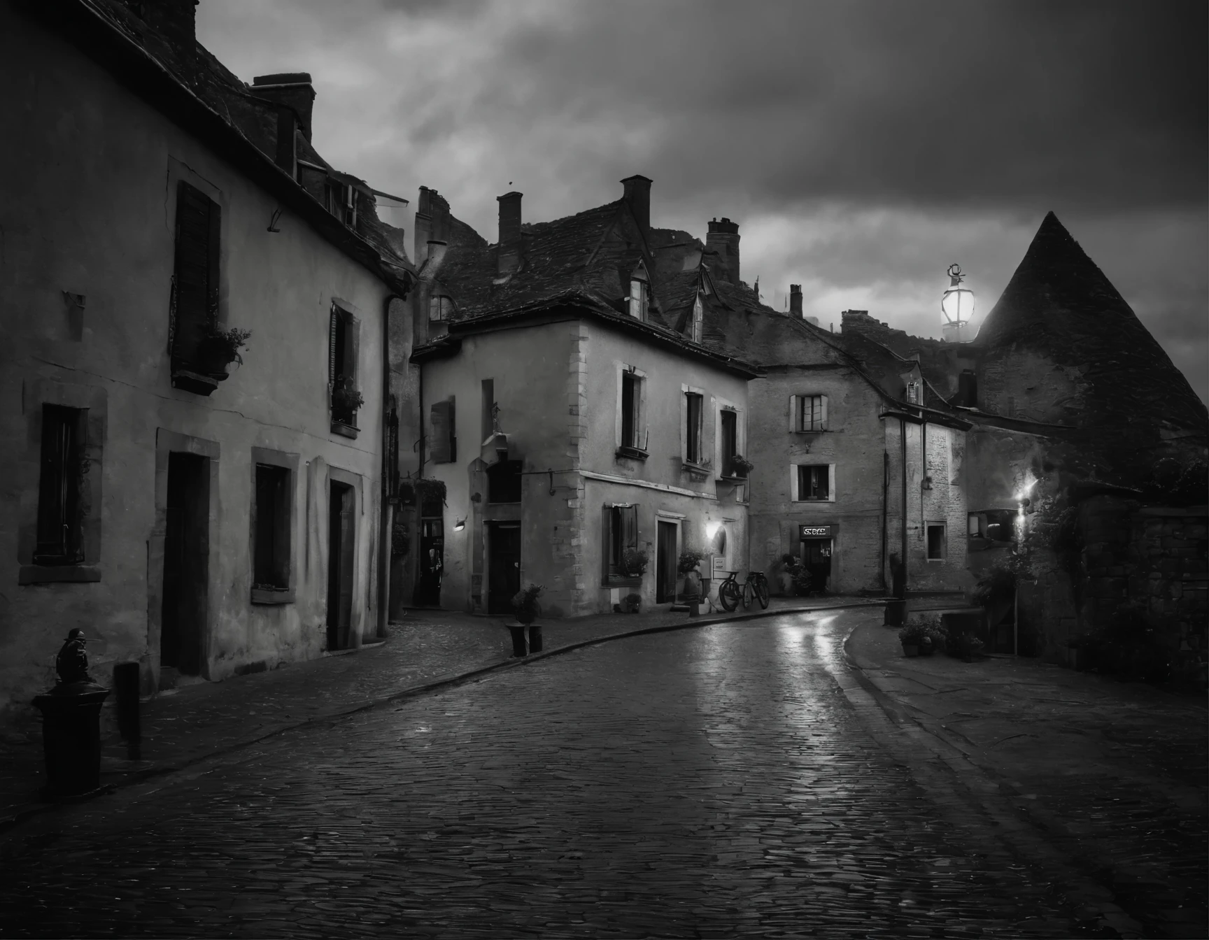 Black and White photography, In a moonlit French village, ancient stone buildings cast haunting silhouettes under a star-filled sky. A vintage bicycle rests on the corner of the cobblestone streets, bathed in the eerie glow of gas lamps. The nostalgic scene merges with twilight magic, showcasing old-world charm and cosmic allure in hyper-detailed, cinematic style, capturing luminous accents and spectral saturation, cinematic still, in the style of Sebastião Salgado.