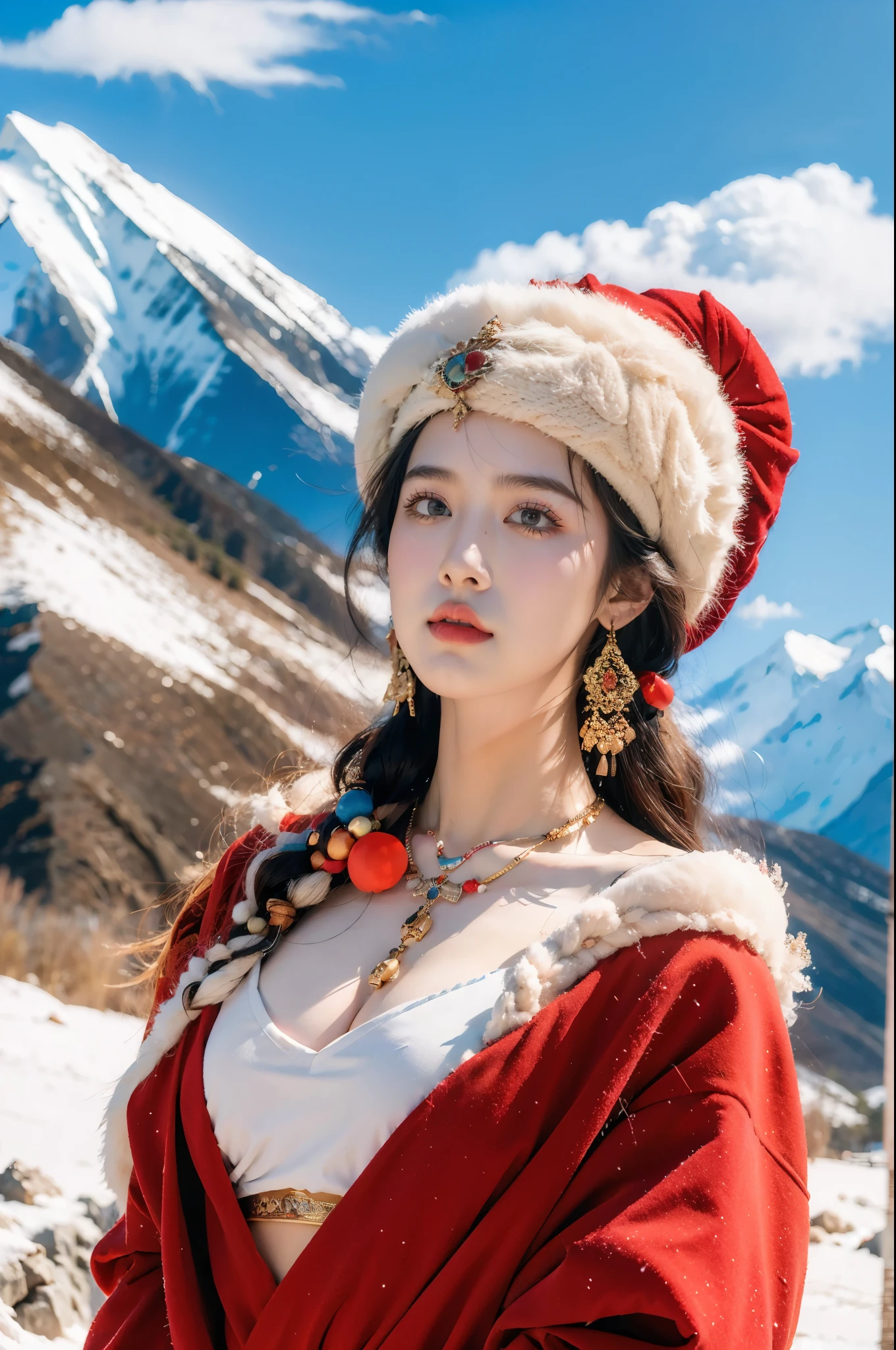 (masterpiece, best quality:1.2),red Tibetan clothing,1 Tibetan girl, blue sky, cloud, cloudy sky, day, earrings,Plush hat, horizon,Tibetan Earrings,jewelry,necklace, lips,snow mountain, outdoors, parted lips, red lips, solo, upper body,cleavage,gigantic breasts,navel,shoulder off