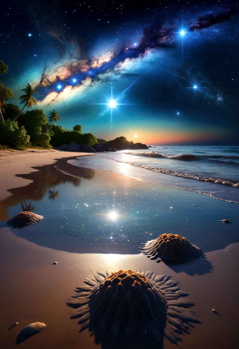 Artwork by Phil Koch, Meghan Howland 蓝眼睛 number ral-epochelves 夏日风景插图 日落结束 亮度, The night sky comes alive,An eye replaces the moon,Make you fascinated, Surrounded by Starnet, Nebulae and cosmic dust. Under this cosmic scene, Depicting a tranquil stretch of beach,The sea is sparkling, Lush and symmetrical reflections of sparkling nebulae and glowing star points. Complex background of realism, Dynamic Lighting, number, Very detailed and complex