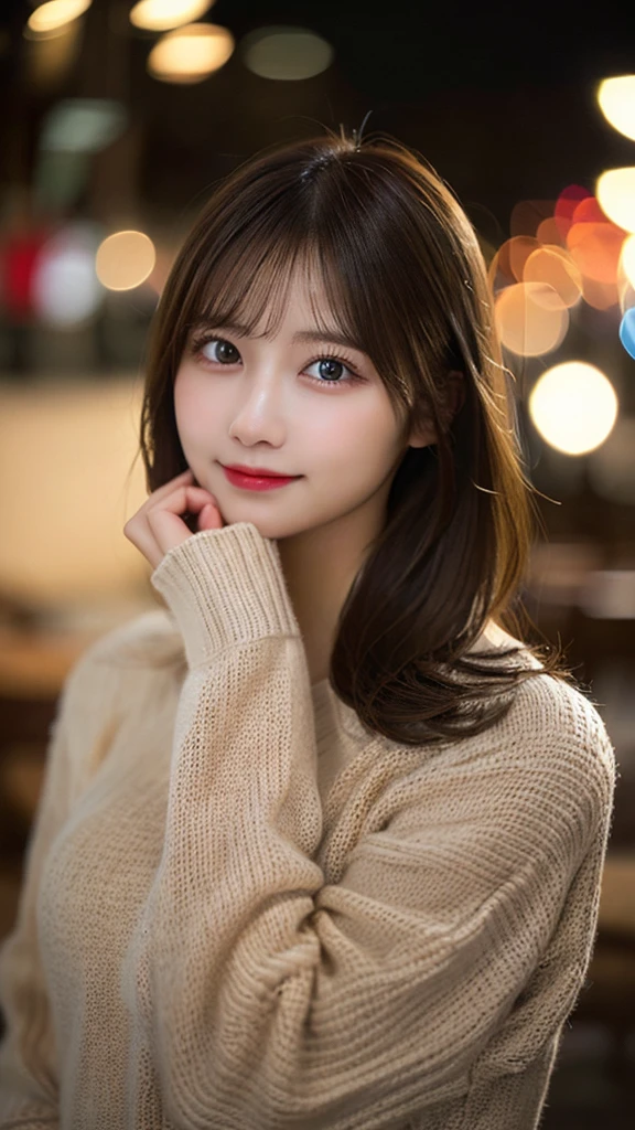 Tabletop, highest quality, shape, Very detailed, finely, High resolution, 8k wallpaper, 完璧なダイナミックな構shape, Beautiful and detailed, Elegant winter clothes,Medium Hair,Small Breasts Natural Color Lip, Bold sexy pose,smile、20-year-old girl、cute、Looking at the camera is sexy,night,Beautiful and elaborate face,Elegant face,Perfect and beautiful face,Slim face and body,Spread your arms wide、Background Blur