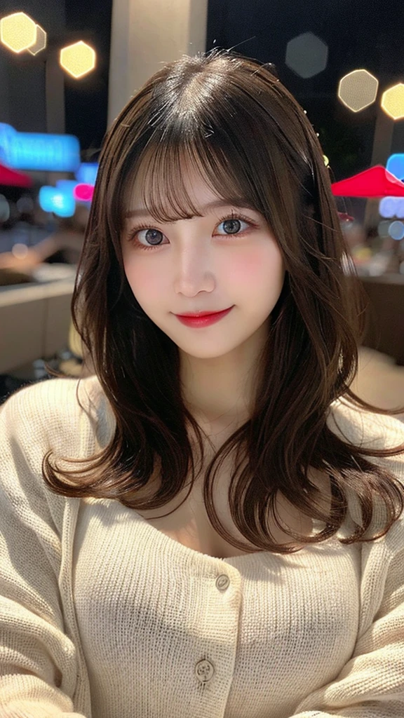 Tabletop, highest quality, shape, Very detailed, finely, High resolution, 8k wallpaper, 完璧なダイナミックな構shape, Beautiful and detailed, Elegant winter clothes,Medium Hair,Small Breasts Natural Color Lip, Bold sexy pose,smile、20-year-old girl、cute、Looking at the camera is sexy,night,Beautiful and elaborate face,Elegant face,Perfect and beautiful face,Slim face and body,Spread your arms wide、Background Blur