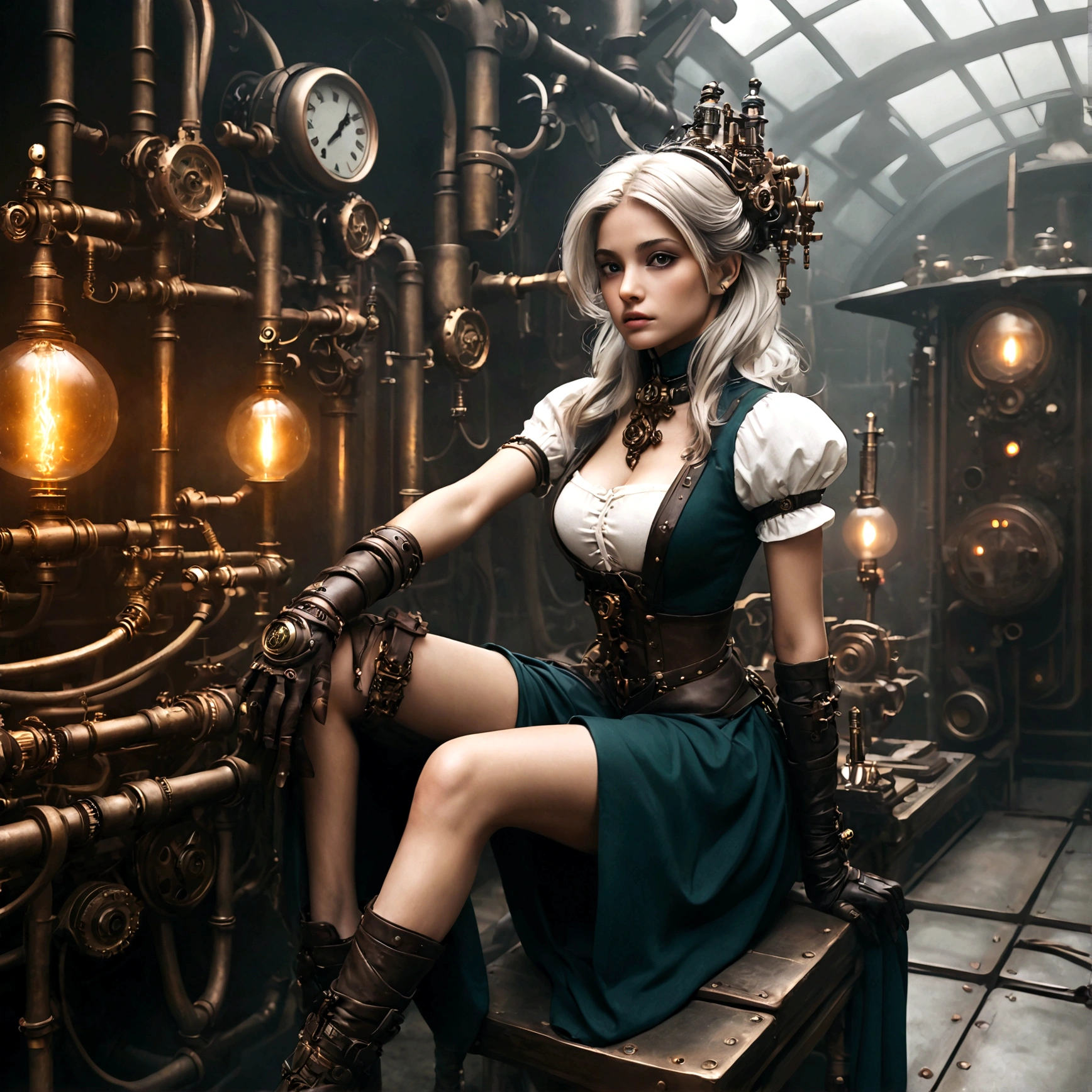 ((Masterpiece)), (Best Quality), (Cinematic),(Extremely detailed CG Unity 8k wallpaper), 1 girl, fit,Delicious company, small breasts,(no goggles on face)(very long silver hair),a stunning silver-haired steampunk woman who lost her forearm in an accident, but instead received a beautifully crafted fine and perfectly fitting robotic prosthesis(steampunk style)is sitting relaxed on the floor in front of dystopian steampunk scenery with machines and factories.and with this prosthesis she is showing us a sealed delicate poison glass vial with blue liquid in it in. hand-lower arm prosthesis made of brass and leather. She wears Victorian clothing made of fabric and leather and on her head a pair of decorative goggles, also made of brass and leather. The landscape is a little gloomy, but also impressive.,1 line drawing,form,Steampunk style