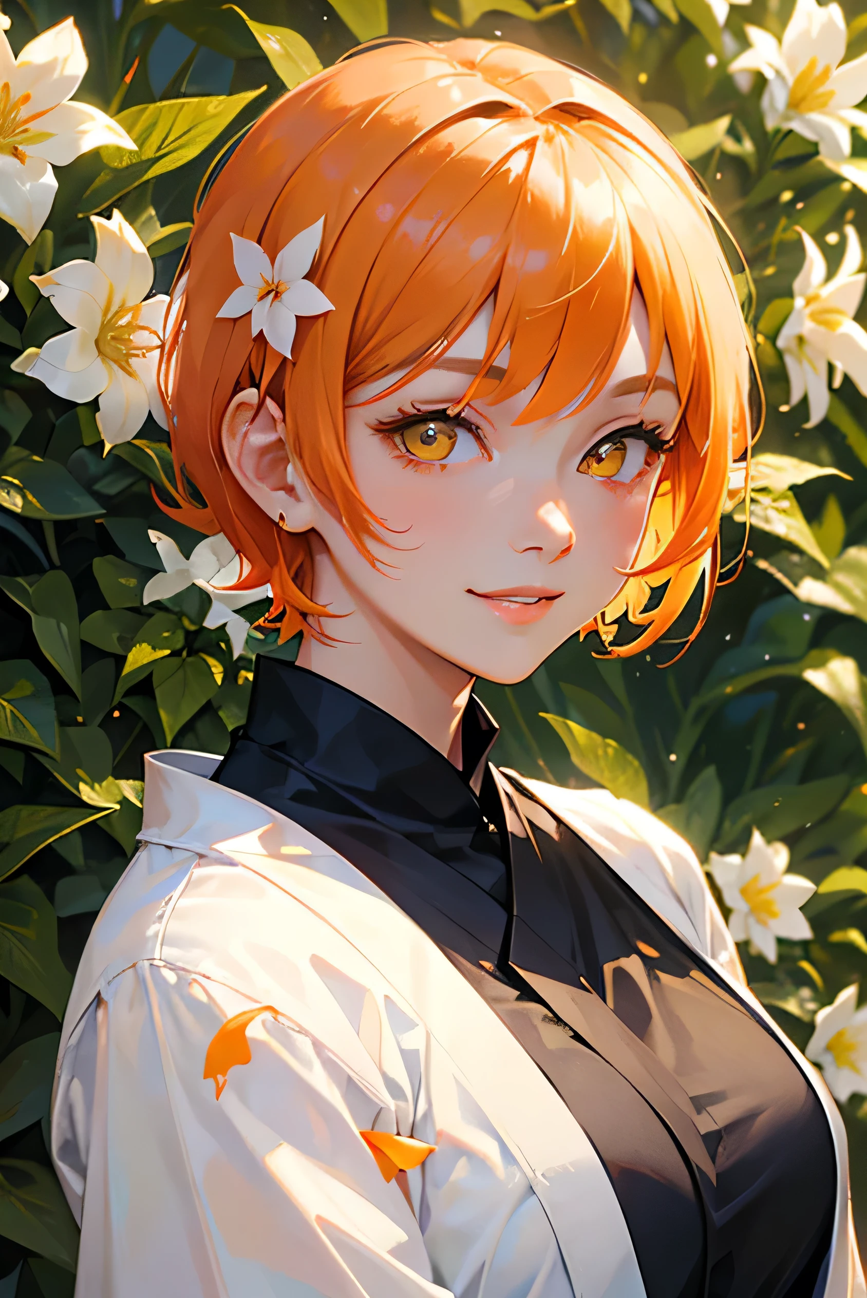 A cool adult woman wearing a white kimono、1 person、((Orange short hair))、(Yellow Eyes)、Bold Pose、Face close-up、(Colorful flowers blooming in the forest々Background)、cool、strong、Evil Smile、(Hell's Paradise)、Yamada Asaemon