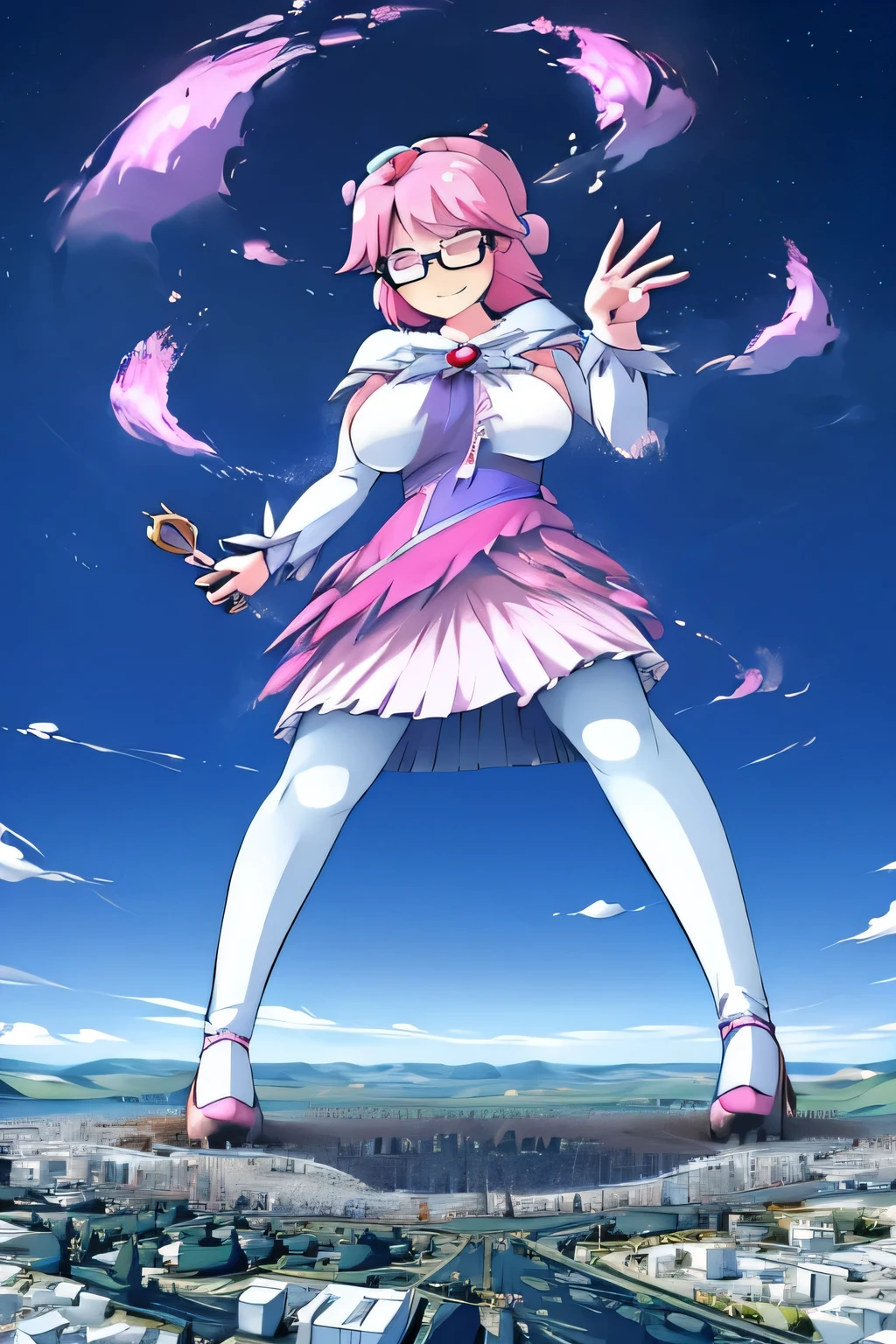 giantess art, highly detailed giantess shots, giantess, Two legs, Five fingers, A beautiful girl who is bigger than a skyscraper, Wearing rimless glasses, smile, huge breasts, blue as the base with some white magical girl dress, bow, magical girl, holding a magical wand, black pantyhose, blue stiletto heels, thunderbolt from a magical wand, Destroying cities, Under heavy attack but unharmed, A very small big city, Miniature metropolis, Full body description, GTS, giga giantess, stomping city, crash city, tiny city, micro city, pantyhose feet, High resolution, highest quality, masterpiece, peeing self, 