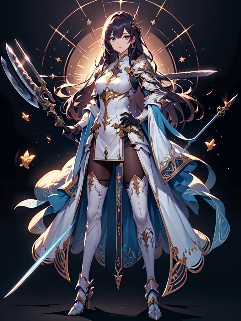 (((masterpiece, best quality, high detailed, 8k))) Design a layout showcase Gaming character, (1girl). Gold|White clothes, stylish and unique. ((showcase weapon:1.4)), celestial bow. (masterpiece:1.2), (best quality), 4k, ultra-detailed. (Step by step design, layout art:1.5), (luminous lighting, atmospheric lighting). celestial archer, ((glove full hands)), (((revealing clothes:1.3))), vambraces, armored legwear, (((full_body_shot:1.4))). {In a starry sky}.