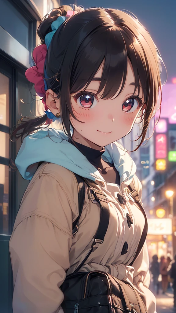 (Woman close up)、((Depiction of the upper body))、((20-year-old female))、((Smile))、((Hair tied back、Scrunchie、Brown Hair))、((Blushing))、((Open your mouth a little、High resolution、32K))、((Cute Duffle Coat))、((Late Night City、neon))
