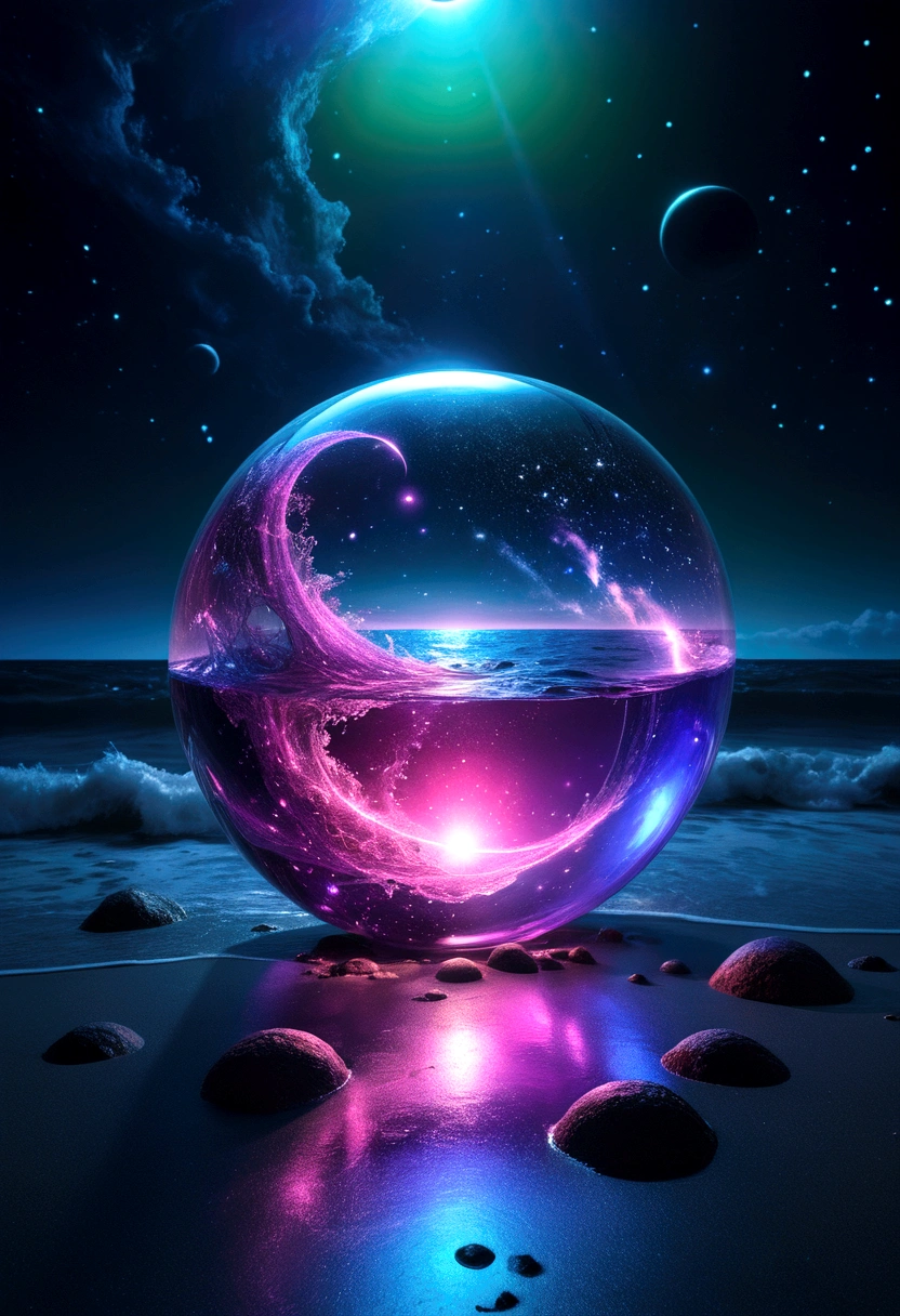 Twinkle in the Starlight、Cloudy night、Magenta and pink moon、Purple and sparkling light blue spheres reflecting light in the ocean。. Starry Space, it'Bright neon lights from outer space: Vibrant electric blue vast glowing sphere, Emerald green、bright pink、Purple glowing mysterious light on dark background.. This concept art, Presented in digital form, captures the essence of a lovley and opulent space scene showcasing complicated details and exquisite craftsmanship. Fascinating twinkling light, Express cleverly, Create a sense of awe and wonder, Immerse yourself in the enchanting beauty of this otherworldly work.macro photo, High-end fashion, Surreal主义, high quality, 超detailed, プロのphoto, beautiful, 透明photo, major, プロのphoto, Super detailed, Surreal, Movie, Clear focus, Bright Light, detailed, complicated, absurd, masterpiece. RAWphoto, 編集photo, フィルムストックphoto, photo, Fuji Advanced 400, Nikon D850 フィルムストックphoto Kodak Portra 400 camera f1.6 lenses, 8K, Ultra-high resolution