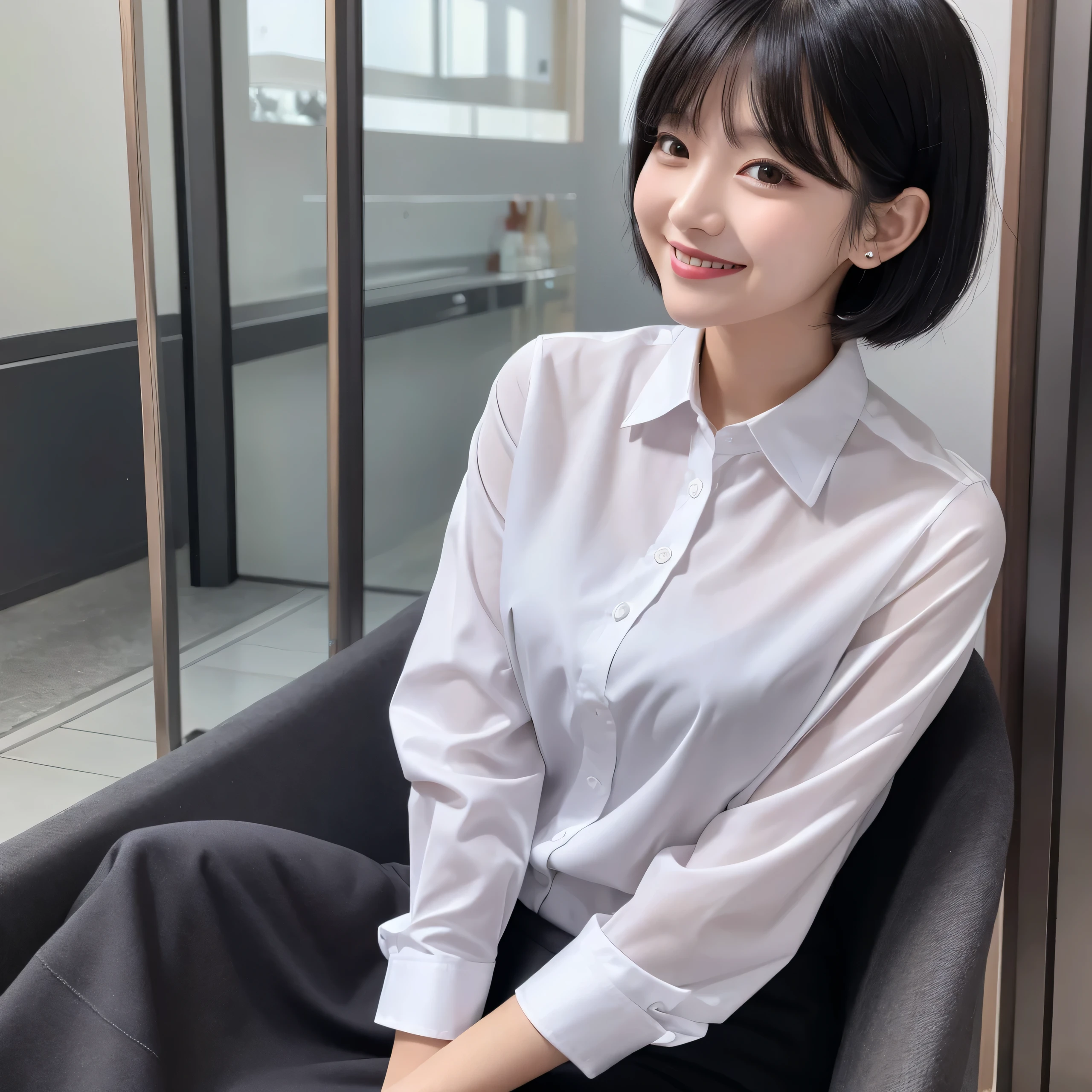 Black hair, short hair, smile, cute, upper body, dress shirt