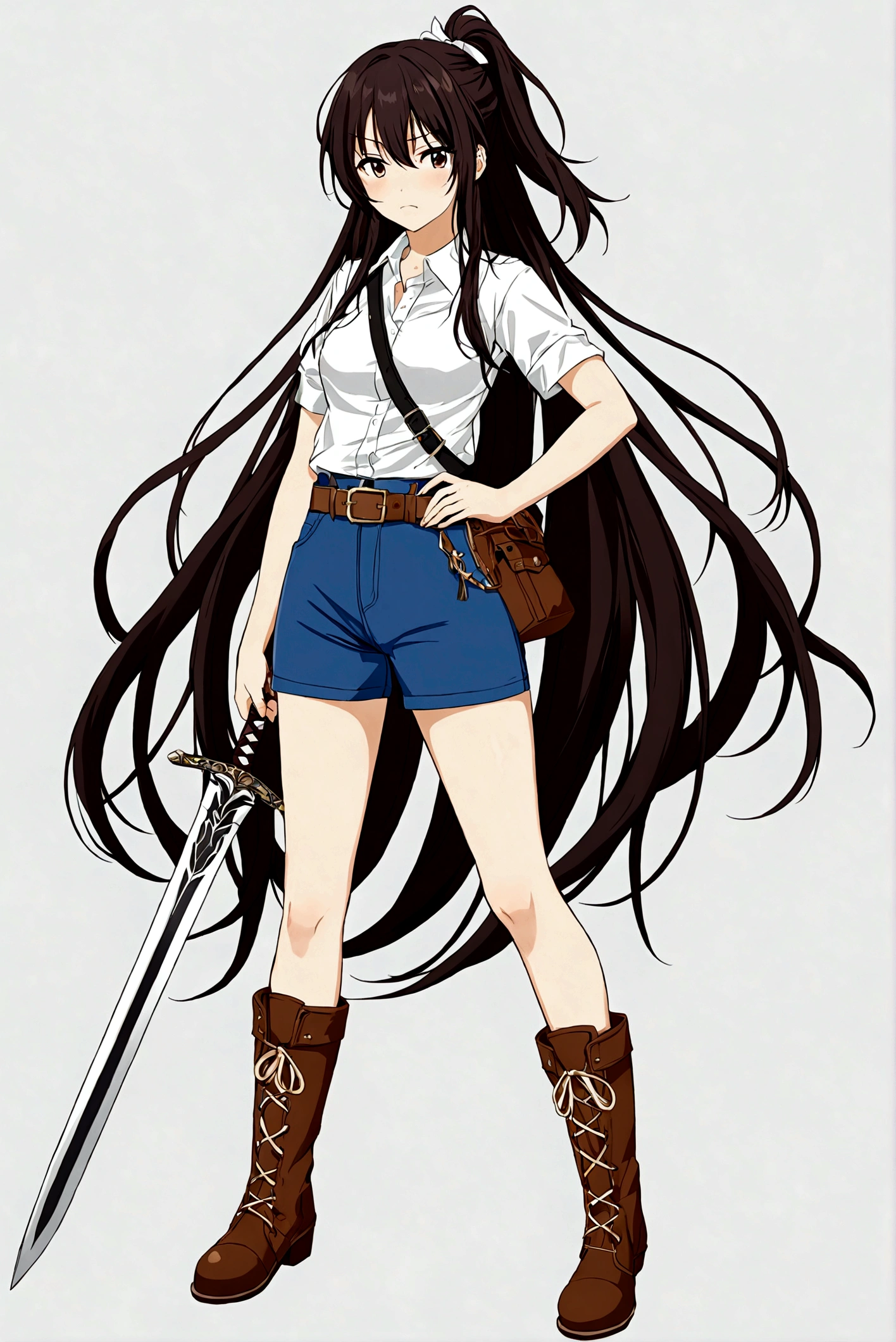 1girl,Long hair,sword,boots,White shirt,Long Ponytail,belt,whole body,Long hair,Single pants leg,Disgusted look, ,Kanzaki Kaori,Standing,sword,arms