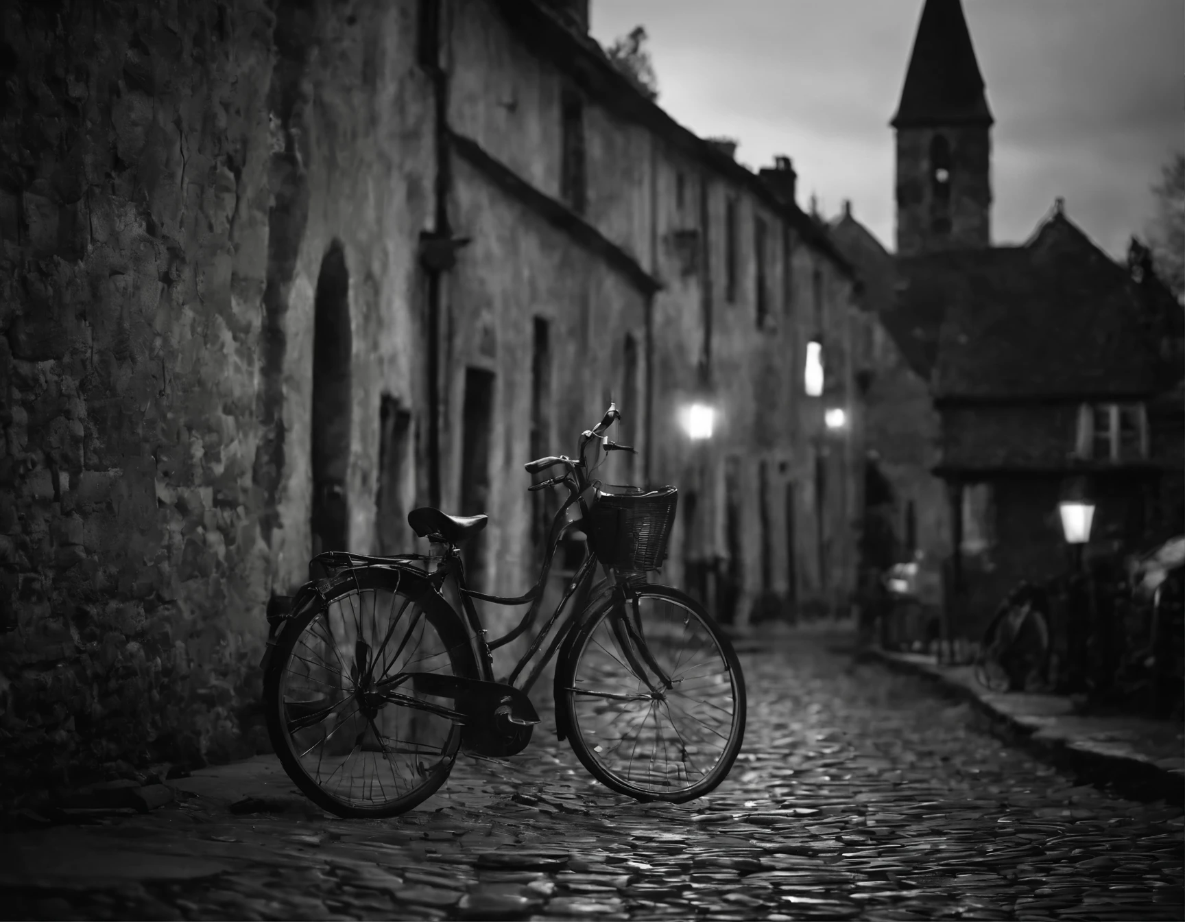 Black and White photography, In a moonlit French village, ancient stone buildings cast haunting silhouettes under a star-filled sky. A vintage bicycle rests on the corner of the cobblestone streets, bathed in the eerie glow of gas lamps. The nostalgic scene merges with twilight magic, showcasing old-world charm and cosmic allure in hyper-detailed, cinematic style, capturing luminous accents and spectral saturation, cinematic still, in the style of Sebastião Salgado.