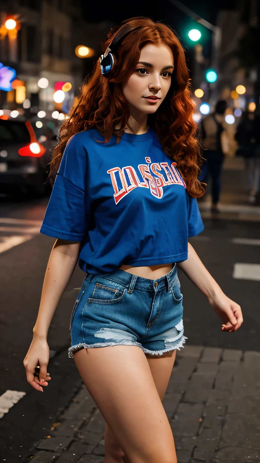 8K, (Best quality), masterpiece, very detailed, (realistic), 1 Girl, ((long very curly red hair)), walking down the night street with headphones on, dressed in denim shorts and a long colored T-shirt and white sneakers, Instagram style photo, full length