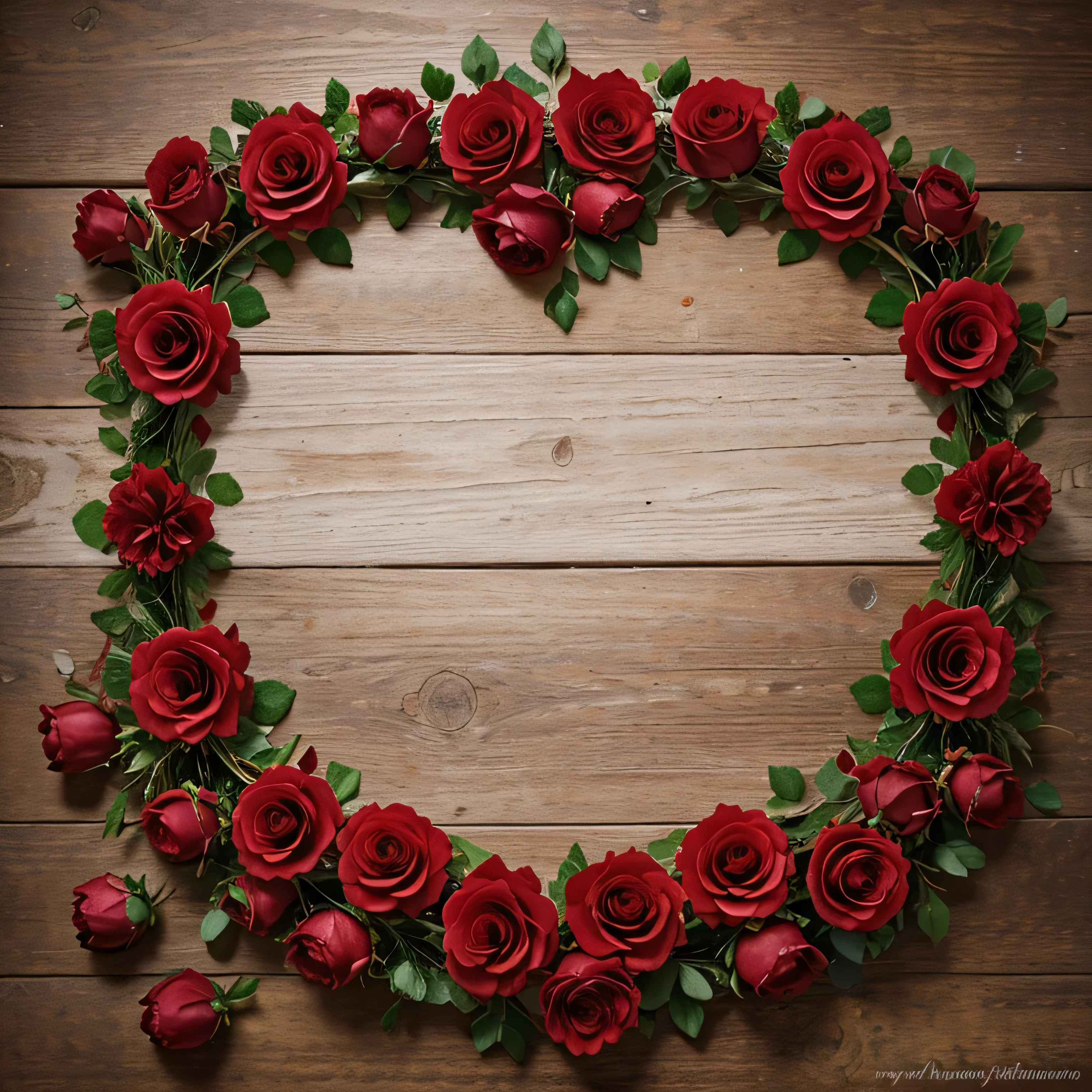 Valentine`s Day Holiday Red Roses Flower Border Over Wood Background With Copy Space, Red Flowers Valentine Gift Frame Background, Floral Rose Romance Love Concept Horizontal Background