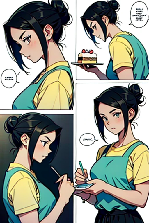 Girl with black hair in a bun frosting a cake, manga page with panels and dialogue