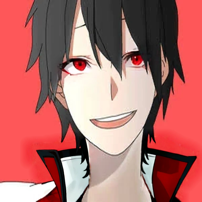 Indigo jacket　whole body　Laughing anime boy with red eyes and black hair, His eyes are glowing red, [[[[smile wickedly]]]], His eyes were glowing red, gapmoe yandere, Eyes completely red、lack of pupils, Okikata Kazuto, Male Anime Characters, Red eyes glow, Laughing lasciviously, With eyes that glow red