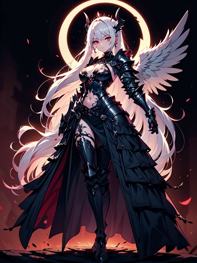 queen power armor  , (gothic style), full body view , bellybutton, The most beautiful and sexy demon goddess, long white hair, glowing red eyes, wearing detailed black gothic battle armor, black angel wings, tattoos and piercings, gothic castle, perfect masterpiece, high quality, high resolution