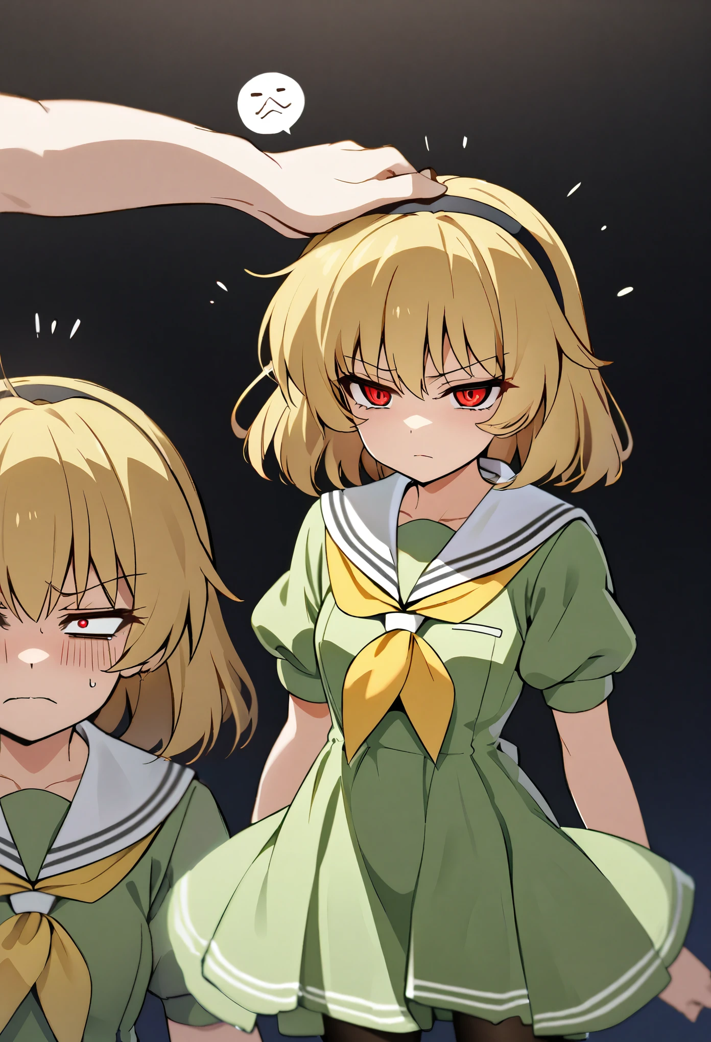 houjou_satoko, 1girl, solo, pantyhose, blonde hair, hairband, dress, short hair, short sleeves, black hairband, green dress, sailor collar, black pantyhose, red eyes, white sailor collar, puffy sleeves, yellow neckerchief, sailor dress, puffy short sleeves, bangs, neckerchief, small breasts, headpat,, Woman showing disgust, A look of contempt, Cold Stare, strong feeling of rejection, Expressive, Dark Background, Vivid facial expressions, Impact, Sharp Eyes