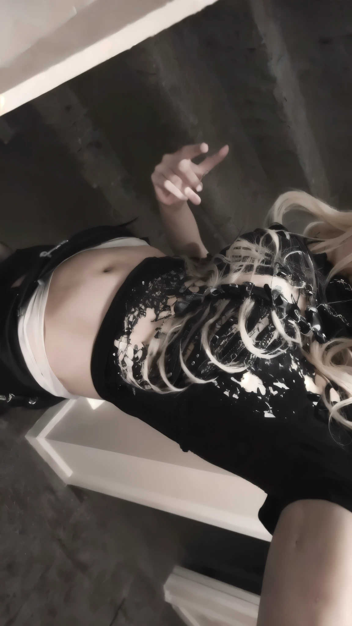 blond woman with long hair and black shirt posing for a picture, her belly button is exposed, dressed in crustpunk clothing, tinyest midriff ever, ribcage, goth aesthetic, rib cage exposed, goth girl aesthetic, physical : tinyest midriff ever, gothic horror vibes, darkwave goth aesthetic, ripped clothing, belly exposed