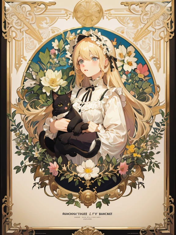 Blond girl in lolita clothing,Holding a proud little black cat,Flower frame,Decorative panels,Abstract Art,Alphonse Mucha's(masterpiece,highest quality,high resolution:1.4),detailed,Intricate details,4k,Color splash,Line Art,Fibonacci,whole body