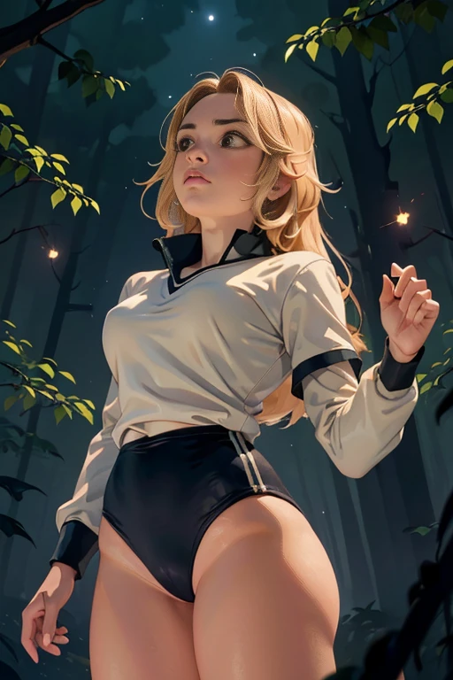 (masterpiece, highest quality), (夜のdark森), One Girl, young teen, Black gymnastics bloomers, High leg、School Shirt, standing in night forest, Looking up at the forest、Anxious expression, Emotional, Wide-angle, dark, Best Shadow, watercolor,Charlie Morningstar、Blonde Long Hair、Cowboy Shot、