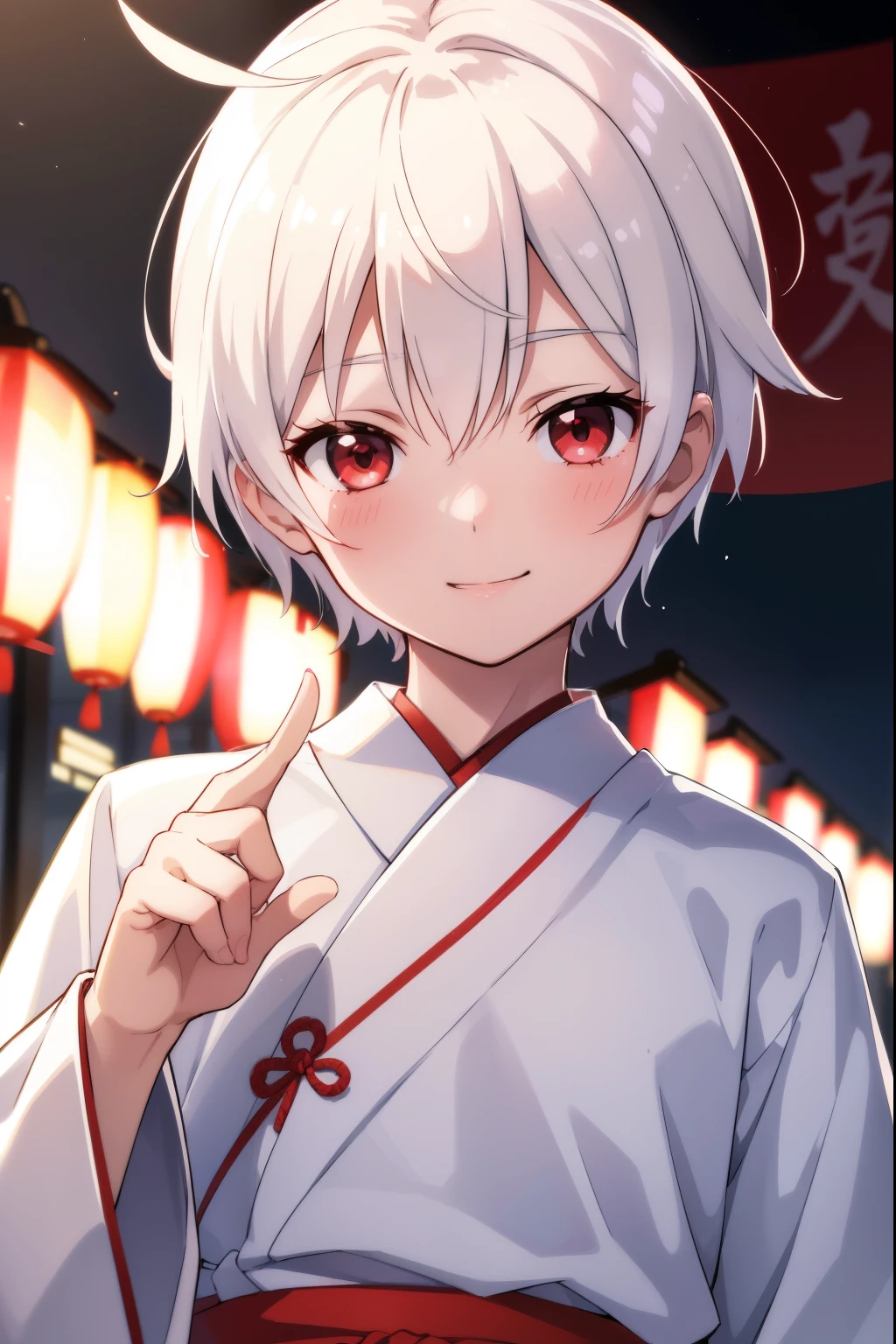 One boy, White short hair,Ahoge,Bright smile,Red eyes,White miniskirt kimono,With an upturned gaze,Summer festival,Blushing,
Looking at the audience, 
 highest quality, High resolution, unity 8k wallpaper, Perfect lighting,Upper body portrait