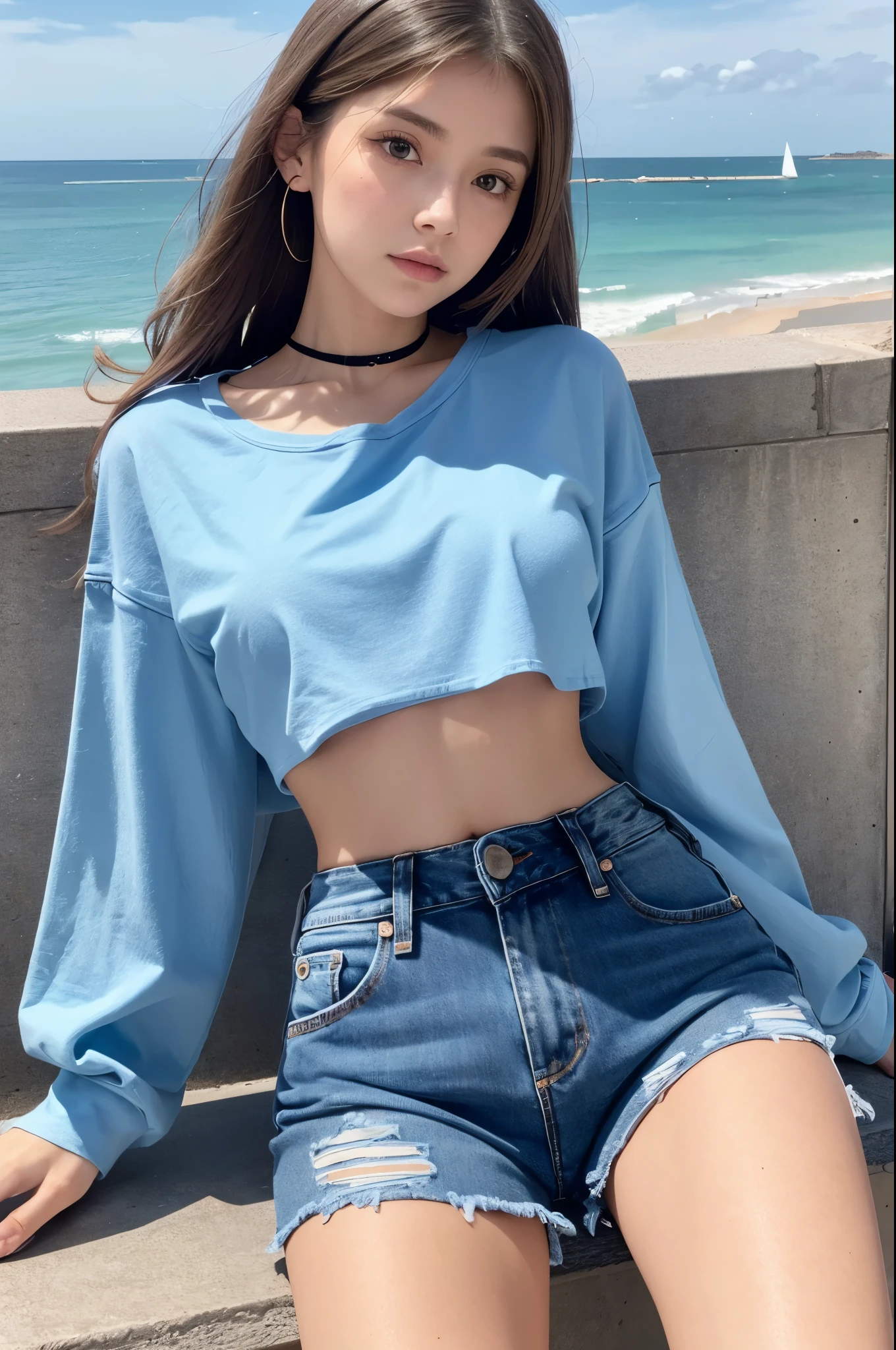 a woman sitting on a ledge wearing a Blue Shirt and ripped jeans, Cropped wide sleeves, Wearing crop topss, セクシーなCrop topを着て, Wearing crop tops, Ripped cropped t-shirt, Blue tight T-shirt, wearing Crop top, Crop top, Blue Shirt, Sydney Sweeney, Crop top, Portrait of Sophie Mudd, wearing a light Blue Shirt, Gorgeous young model