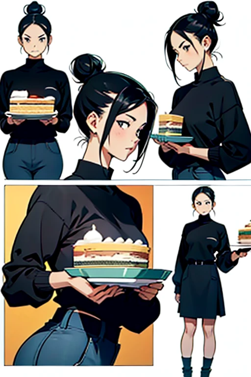 Girl with black hair in a bun holding a cake with both hands, manga page with panels and dialogue 