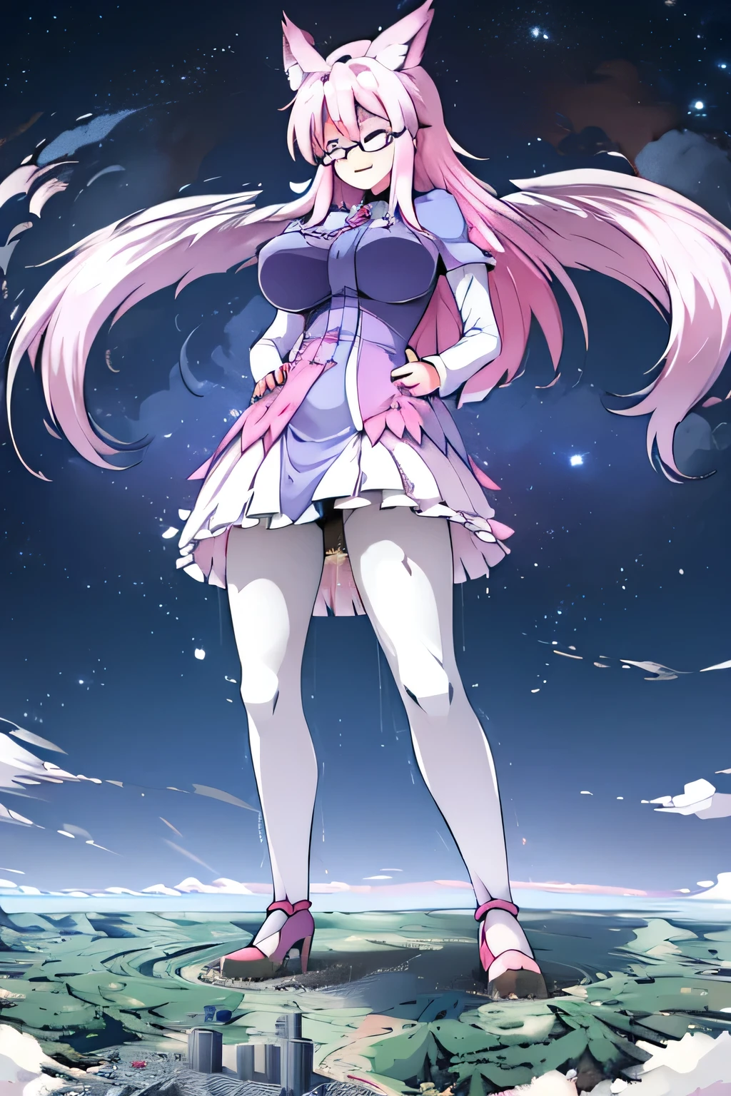 giantess art, highly detailed giantess shots, giantess, Two legs, Five fingers, Long Hair, A beautiful girl who is bigger than a skyscraper, Wearing rimless glasses, smile, huge breasts, blue as the base with some white magical girl dress, bow, magical girl, holding a magical wand, black pantyhose, blue stiletto heels, thunderbolt from a magical wand, Destroying cities, Under heavy attack, A very small big city, Miniature metropolis, Full body description, GTS, giga giantess, stomping city, crash city, tiny city, micro city, pantyhose feet, High resolution, highest quality, masterpiece, peeing self,