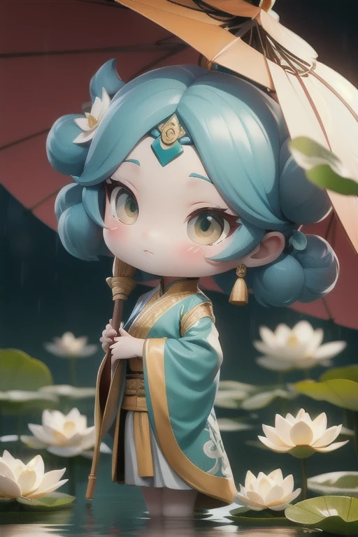 chibi, A woman holds a oil-paper umbrella on her shoulder to shelter from the rain as part of a fashion event in the style of Yue Xiaofei,light jade,ethereal dream,Tang Youhong,elegant,detailed design,dansaekhwa Joil-paper umbrellachinese clothesholding umbrellarain (Milky skin, shiny skin:1.3)(lotus leaf:1.2),