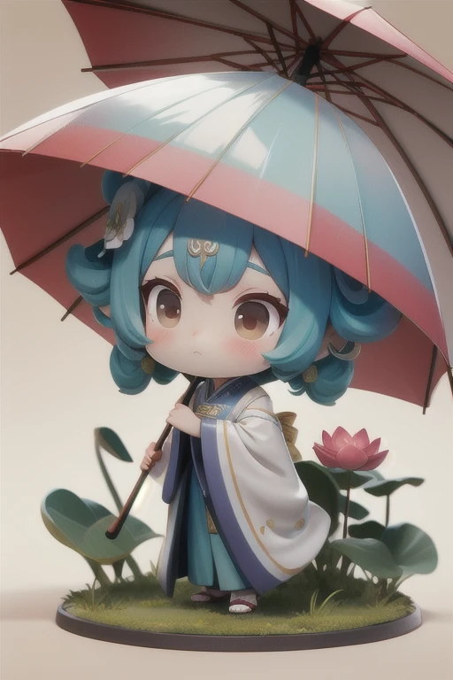 chibi, A woman holds a oil-paper umbrella on her shoulder to shelter from the rain as part of a fashion event in the style of Yue Xiaofei,light jade,ethereal dream,Tang Youhong,elegant,detailed design,dansaekhwa Joil-paper umbrellachinese clothesholding umbrellarain (Milky skin, shiny skin:1.3)(lotus leaf:1.2),