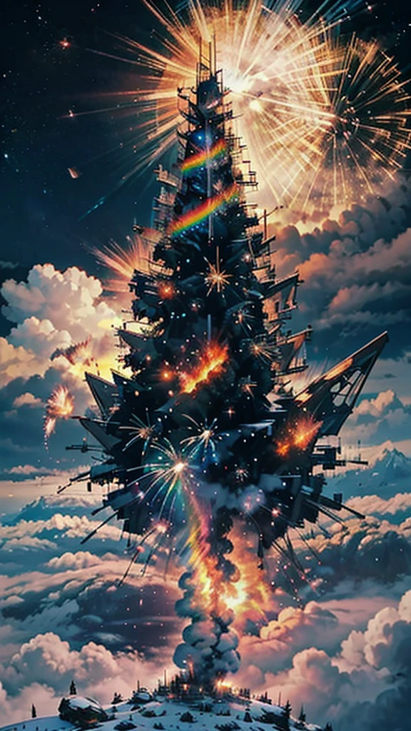 Snow Mountain、firework、firework大会、Rainbow-coloredのfireworkが打ちあがっている瞬間、夜nullとともに、Cyberpunk Mountain、サイバーパンクな雪景色で壮大なfirework、future都市、highest quality、masterpiece, (Diffuse reflection of light:1.2), When the fantastic rainbow turns into shadow, bathed in a mystical atmosphere.The animals are watching too、 Dance, Cast magic spells. evoke a sense of wonder and awe. A fusion of natural grandeur and a touch of magic, Weaving dreams into reality. Behold, null, And the unknown, Fleeting、And an eternal moment, 16k, Ultra-high resolution.Realistic, Ultra-high resolution, to be born,future、Rainbow-coloredに光り輝く、Rainbow-colored、The world 30 years from now。