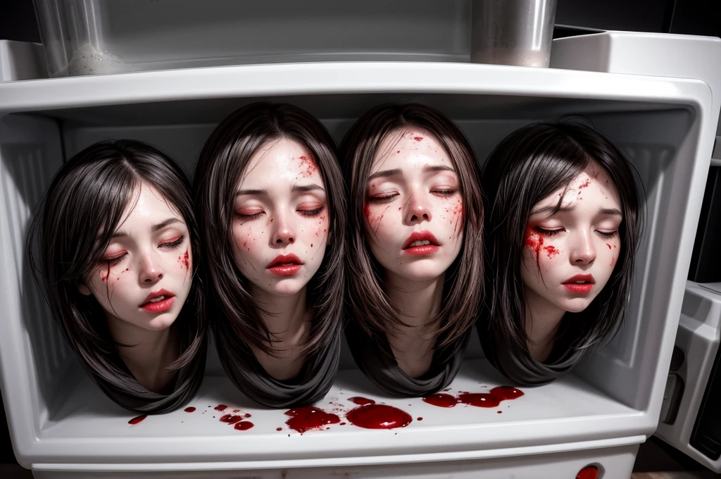 Several decapitated heads of beautiful women, in the fridge, full of blood, ((eyes closed)), bleeding, photorealistic, 4K, Nikon, horror
