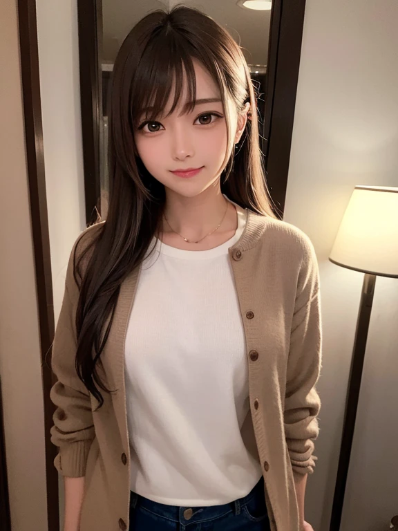 masterpiece, highest quality, High resolution,alone,Brown,artistic,Best lighting,Casual clothing,Flat Chest,Beautiful Face,expensive,smile,light makeup,Age 24,Calm woman,Detailed Hair,Laughing woman,Face Focus,Bun Hair,Vibrant colors,Thin eyebrows,Low exposure,Woman wearing a jacket,Pants Style,terrace,風になびくDetailed Hair,night,Background Bokashi,illumination
