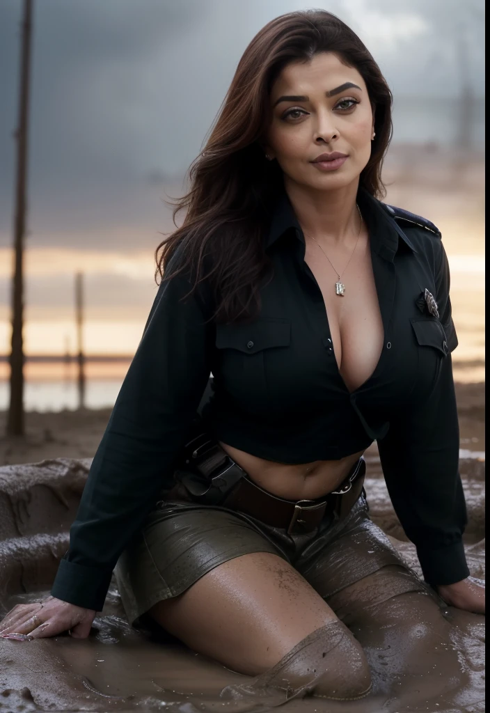 50yo mature MILF Aishwarya Rai as police officer, red cotton police uniform, unbuttoned open shirt, navel show, ((ankle boots)), ponytail hair, mature athletic curvaceous milf body, ((posing in mud pit)), hourglass milf figure, medium breasts, (((seductive expression))) on her face, look straight at camera and ((wink)), soft volumetric lights, intricate details, (ArtStation:1.2)