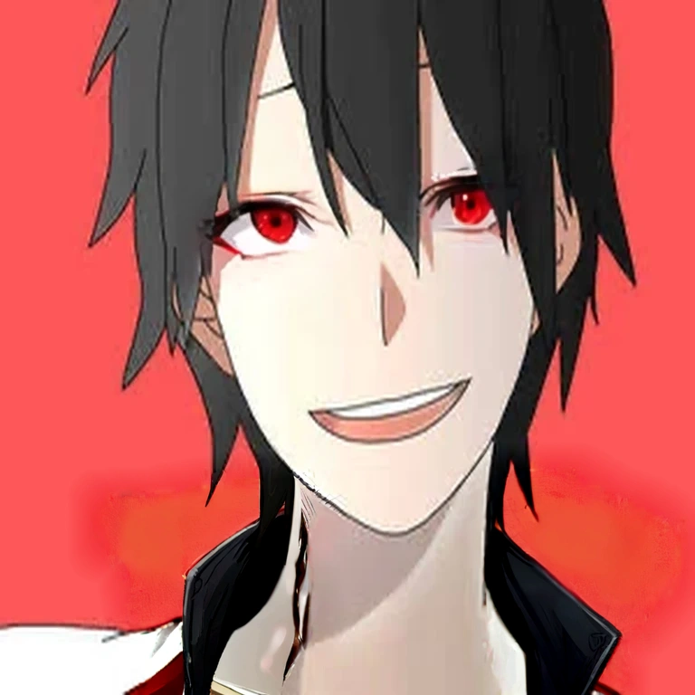 Indigo jacket　whole body　Laughing anime boy with red eyes and black hair, His eyes are glowing red, [[[[smile wickedly]]]], His eyes were glowing red, gapmoe yandere, Eyes completely red、lack of pupils, Okikata Kazuto, Male Anime Characters, Red eyes glow, Laughing lasciviously, With eyes that glow red