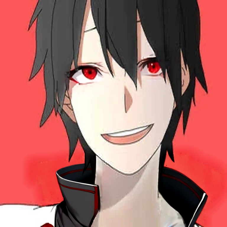 Indigo jacket　whole body　Laughing anime boy with red eyes and black hair, His eyes are glowing red, [[[[smile wickedly]]]], His eyes were glowing red, gapmoe yandere, Eyes completely red、lack of pupils, Okikata Kazuto, Male Anime Characters, Red eyes glow, Laughing lasciviously, With eyes that glow red