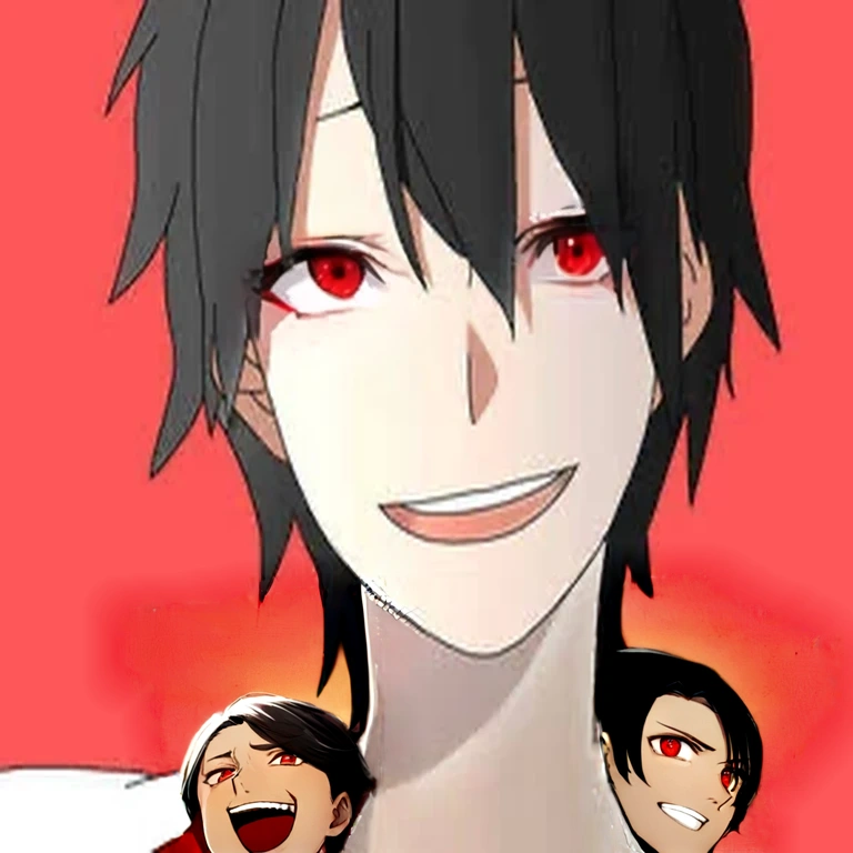 Indigo jacket　whole body　Laughing anime boy with red eyes and black hair, His eyes are glowing red, [[[[smile wickedly]]]], His eyes were glowing red, gapmoe yandere, Eyes completely red、lack of pupils, Okikata Kazuto, Male Anime Characters, Red eyes glow, Laughing lasciviously, With eyes that glow red