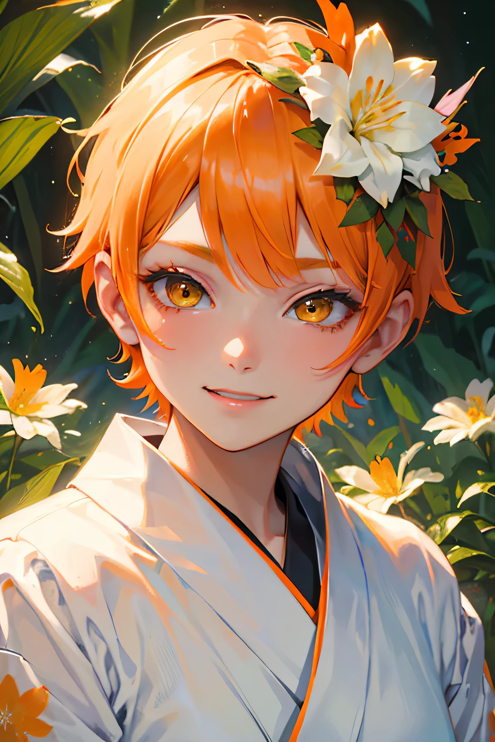 A cool adult woman wearing a white kimono、1 person、((Orange short hair))、(Yellow Eyes)、Bold Pose、Face close-up、(Colorful flowers blooming in the forest々background)、strong、Wicked Smile、(Hell and Paradise)、Yamada Asaemon Sakiri