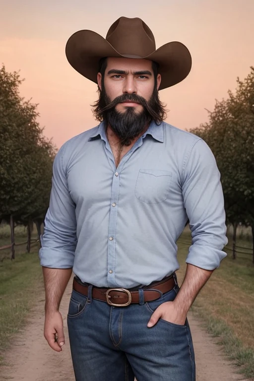 An illustration of a Greek god with muscular build and bushy beard......, projetado em traje ocidental moderno...... Ele tem uma jaqueta jeans e jeans......, con el pelo despeinado. Your expression is confident and charming......, com um toque de sorriso. The setting is a rustic farm with horses in the background......., evoking a classic cowboy vibe, while maintaining the powerful and regal aura of the god.