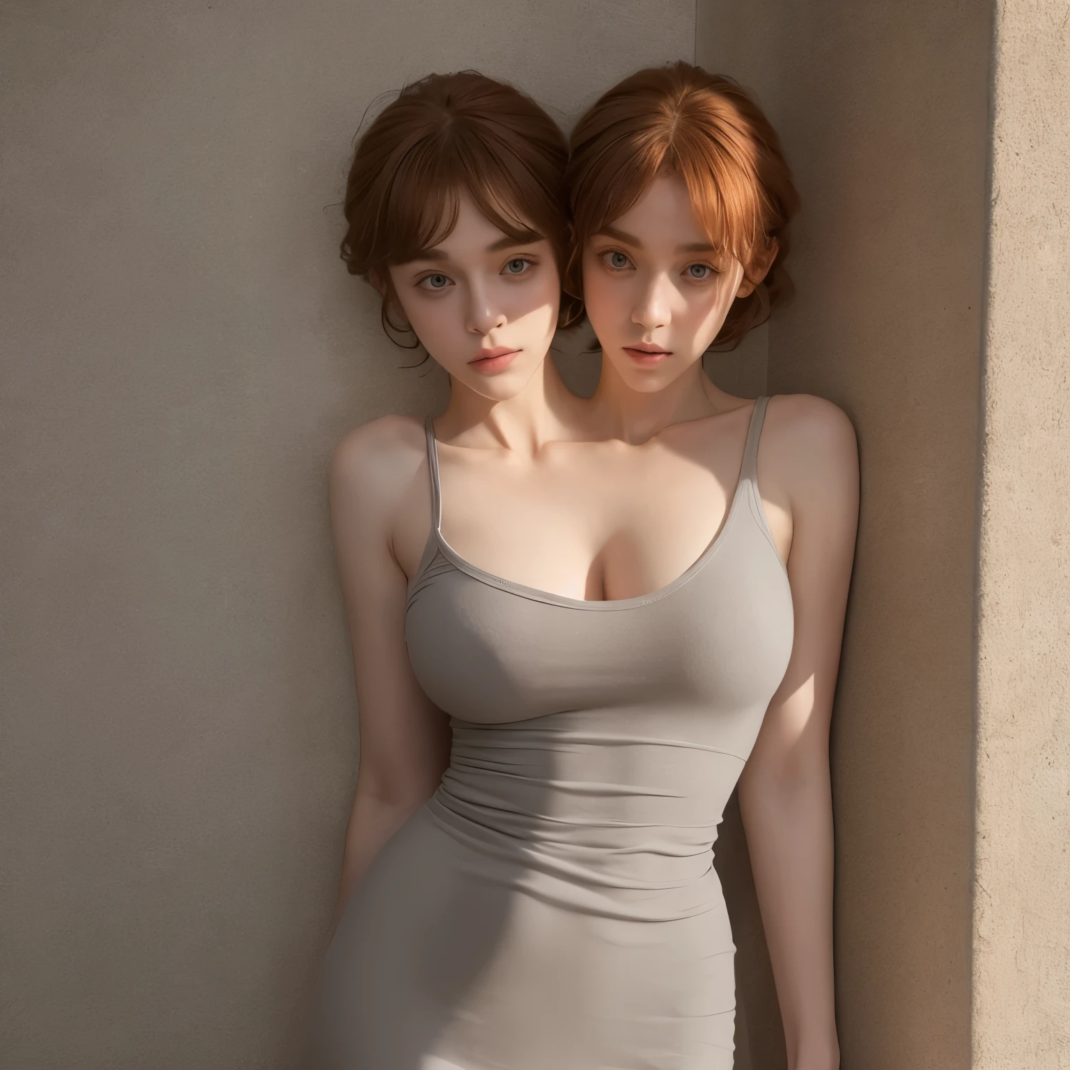 2 heads, Slender ginger Irish woman, Sophia Lillis, tight grey cotton dress, strong lighting with shadows, small breasts, cleavage 