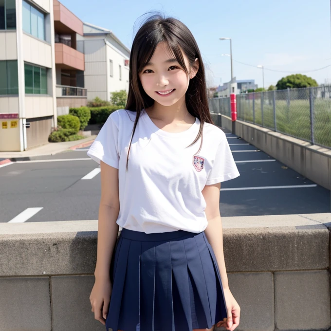 (8K),(masterpiece),(Japanese),(8--old l),((Innocent look)),((Childish)),From the front and above,smile,cute,Innocent,Kind eyes,Plain T-shirt,Short sleeve,Blue checked short skirt,semi-long,Hair blowing in the wind,Black Hair,Somewhat strong wind,noon,bright,flat_body, low_Teen, very_young, light smile, Closed lips, Beautiful attention to detail, thin, small, Junior_expensive_School_studentor, sunlight, Black Hair, Looking Ahead, girl,naked