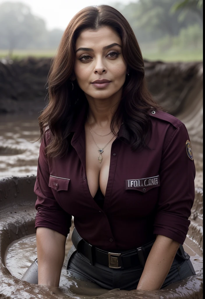 50yo mature MILF Aishwarya Rai as police officer, red cotton police uniform, unbuttoned open shirt, navel show, ((ankle boots)), ponytail hair, mature athletic curvaceous milf body, ((posing in mud pit)), hourglass milf figure, medium breasts, (((seductive expression))) on her face, look straight at camera and ((wink)), soft volumetric lights, intricate details, (ArtStation:1.2)